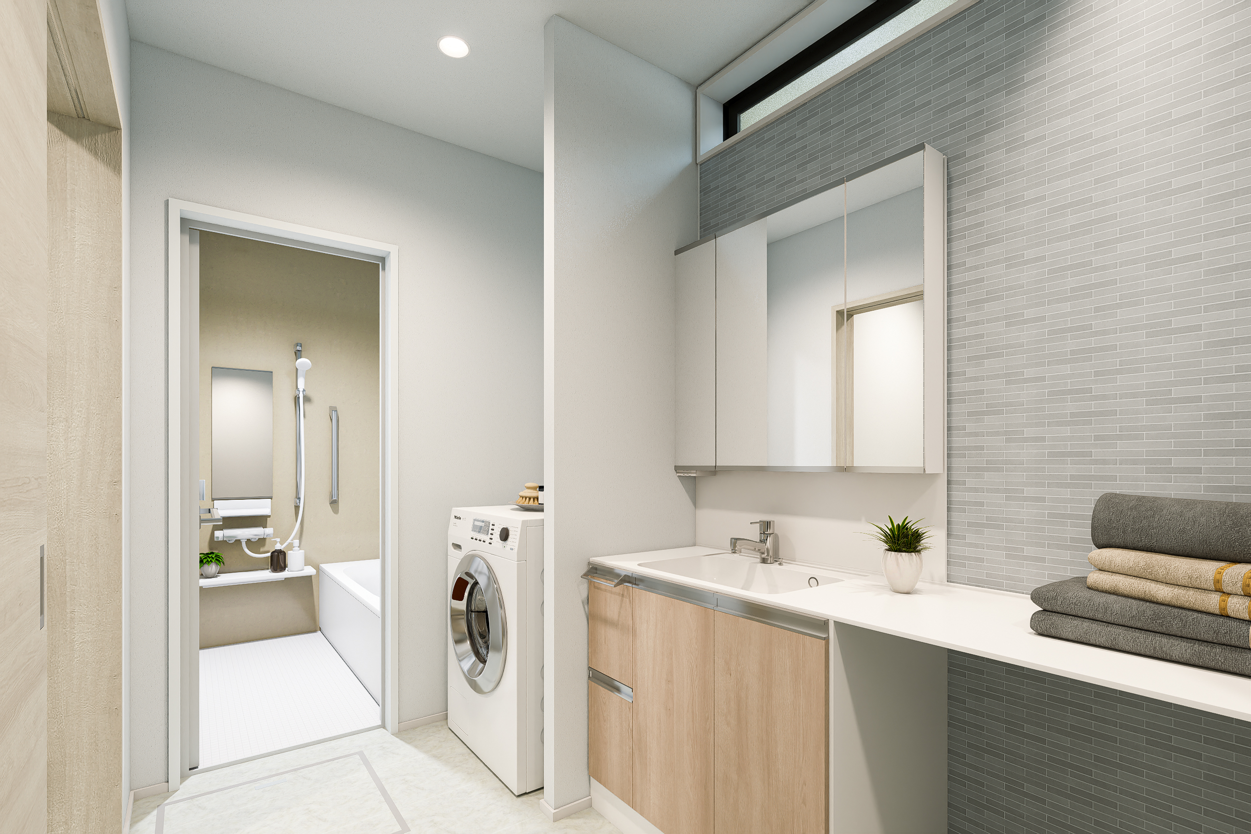 T-4／1650幅のワイドな洗面台、可動棚を備えた収納スペースなど快適な水回り仕様で暮らしの質も向上します。