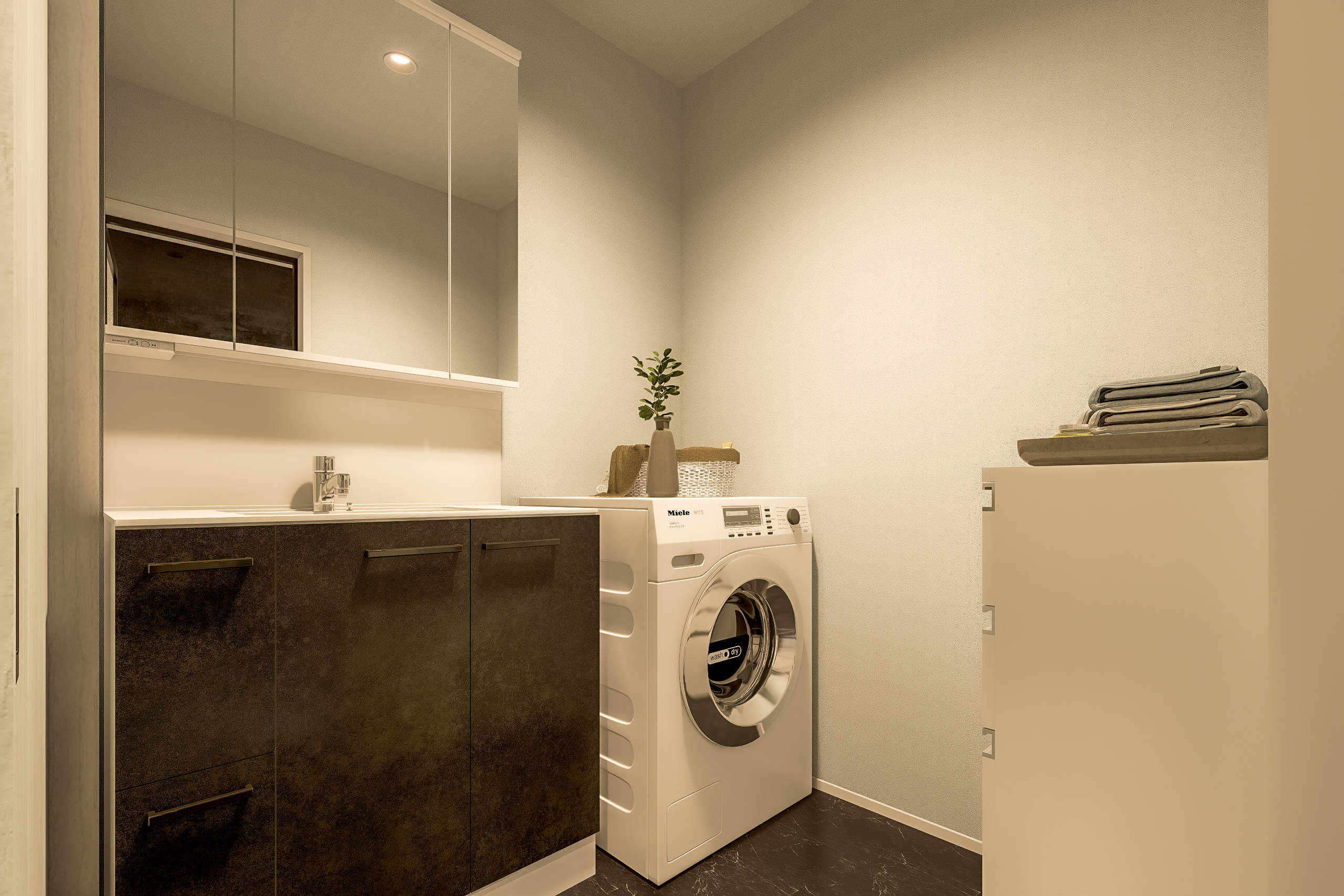 T-1/ワイドな洗面台の背面には便利なキャビネットを設置。広々スペースでお子さんの着替えのお手伝いも楽々!