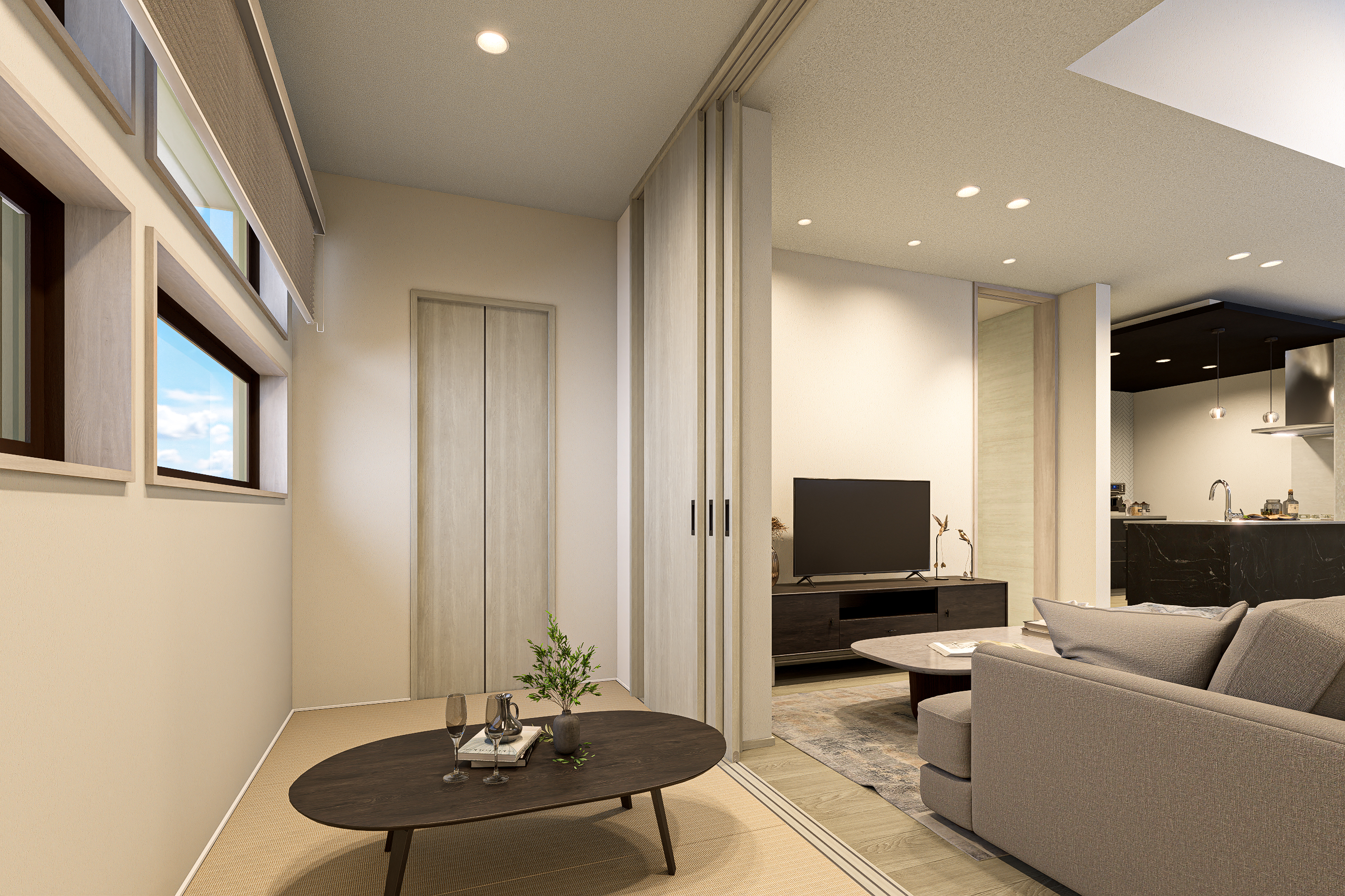 T-2/リビングの延長としても、ひとり時間の場所としても使える柔軟な空間。光とデザインの調和が、暮らしのシーンを美しく彩ります。