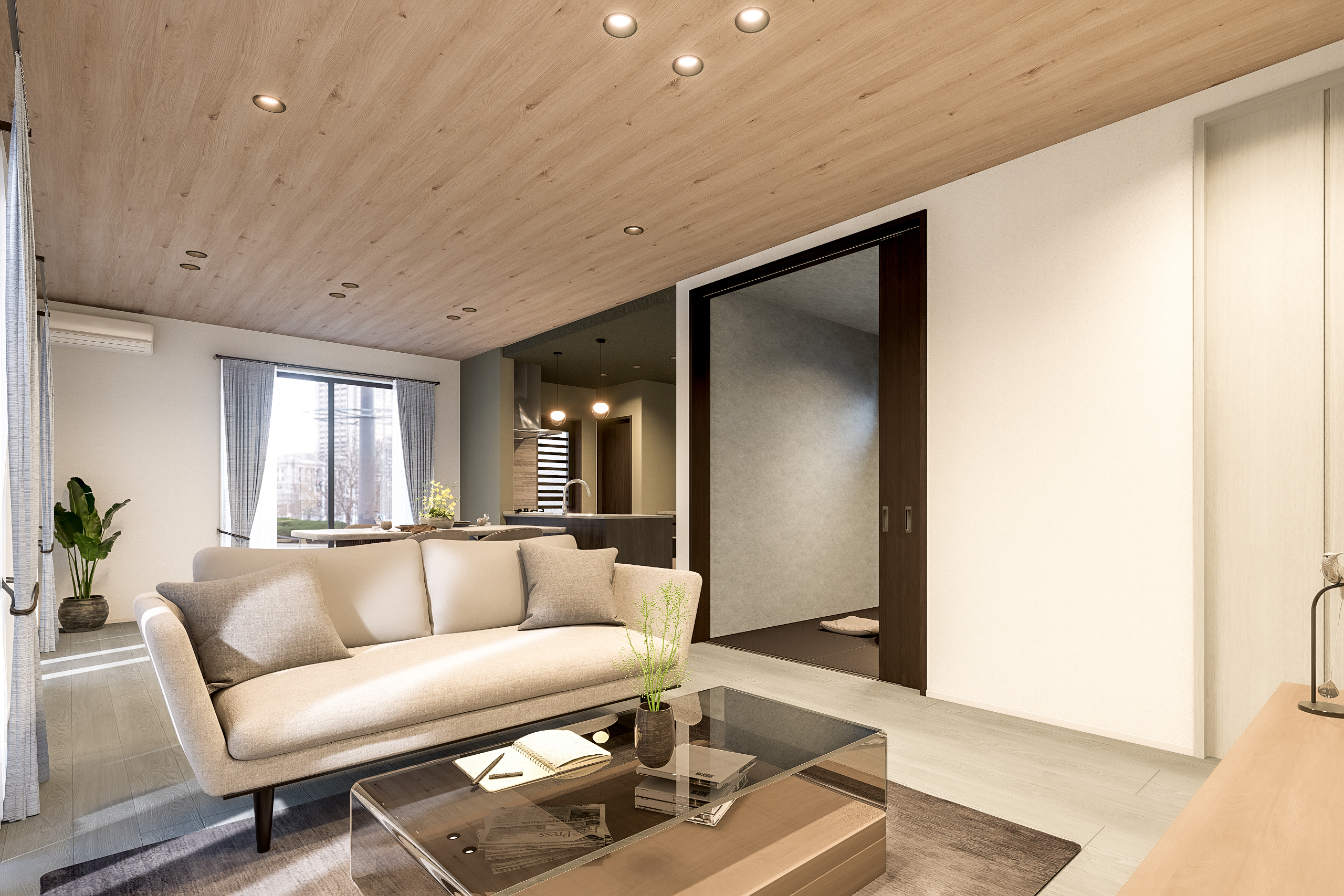 T-1/20.4帖のLDKに続間和室のあるプラン。LDKには床暖房を設置し、足元から空間全体を温めます。