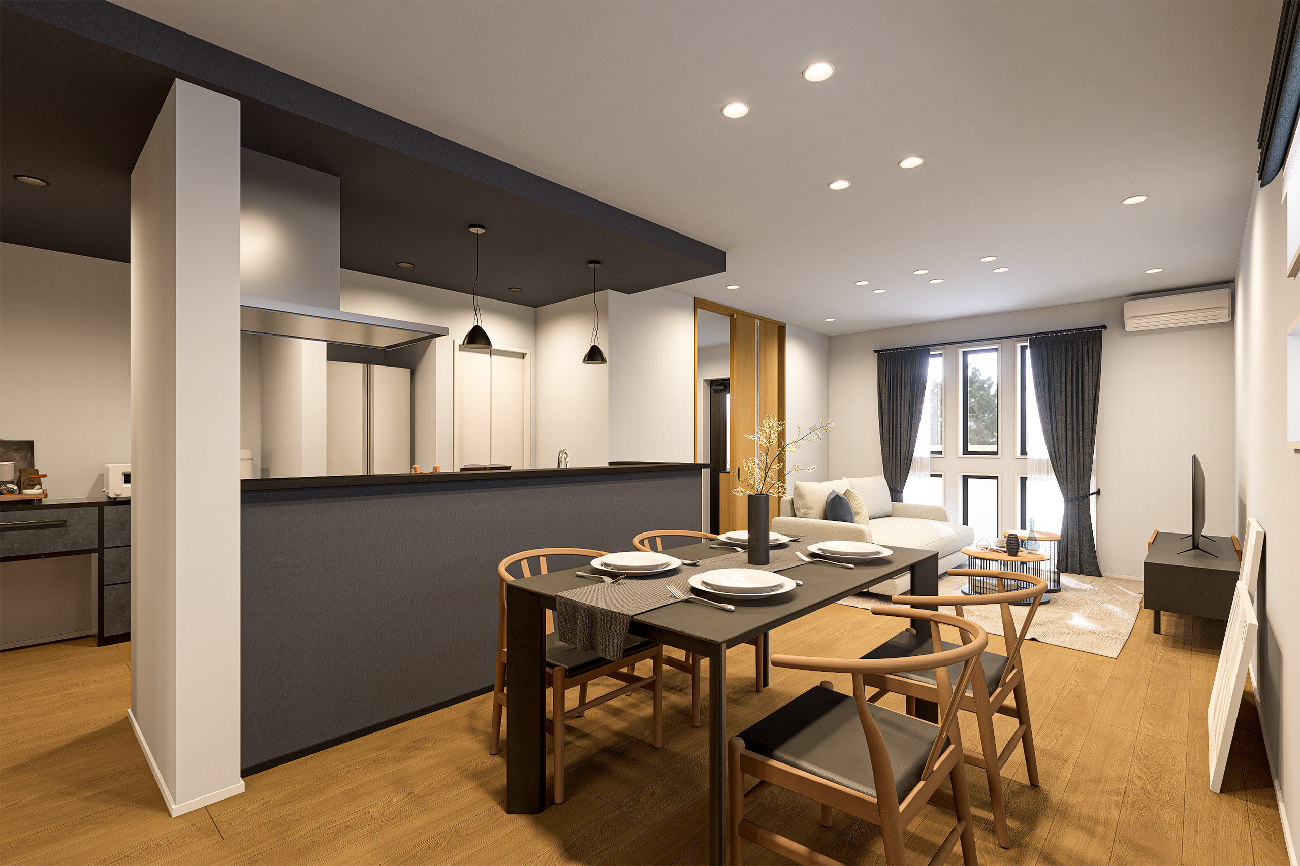 T-3／キッチンはオープンでありながら手元が見えないプライベート仕様。食事の準備も楽しく捗ります。