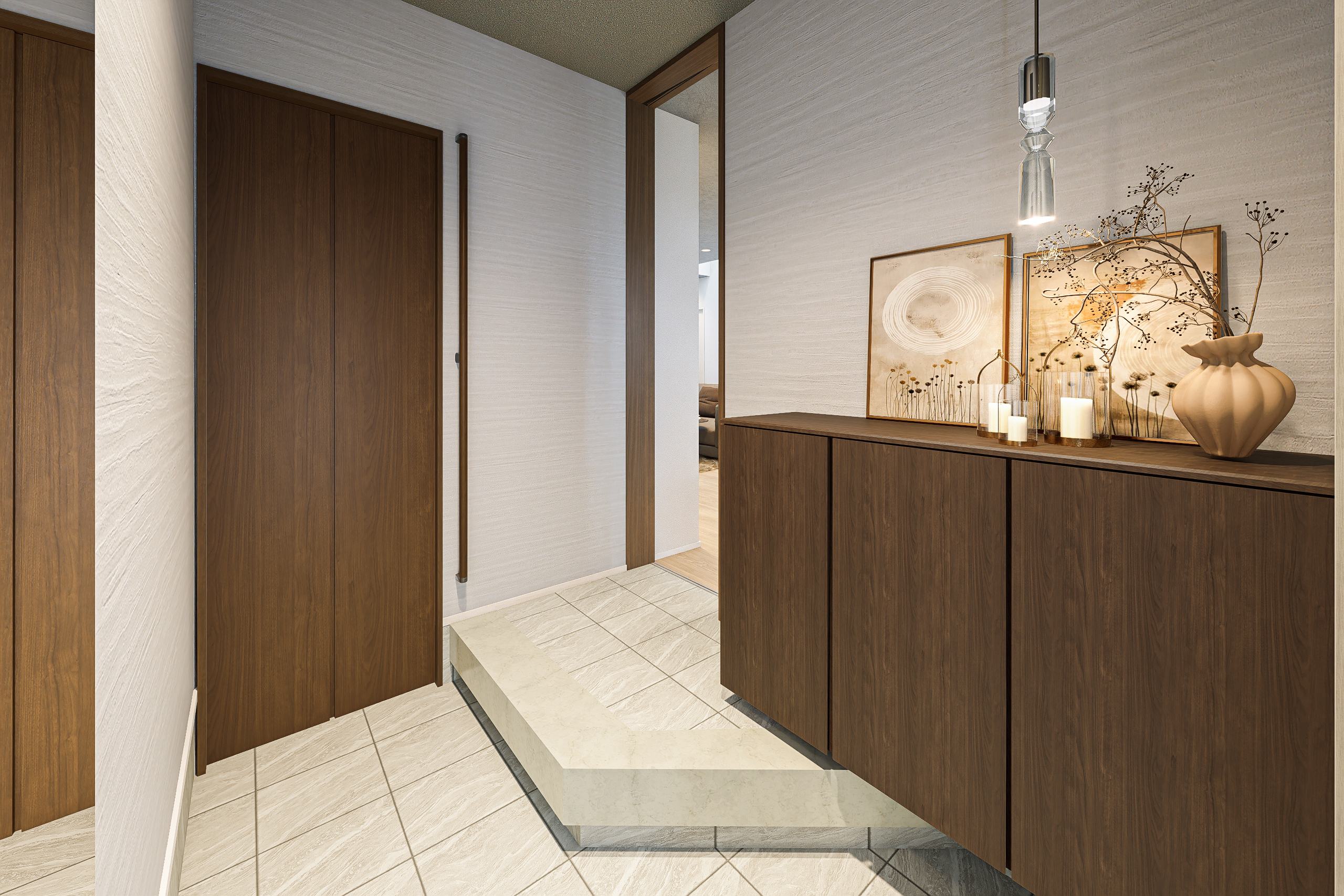 T-1/扉を開けた瞬間に感じるのは、静けさと上質さ。日々の疲れをそっとほどいてくれる、心地よい玄関空間です。