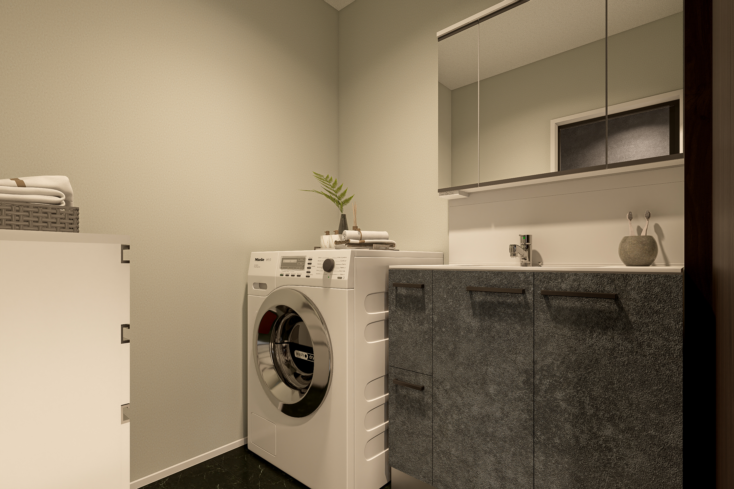 T-2/人工大理石のカウンターボウルにシャワー付き水栓を搭載した洗面台は、幅900とワイドで使いやすい仕様。