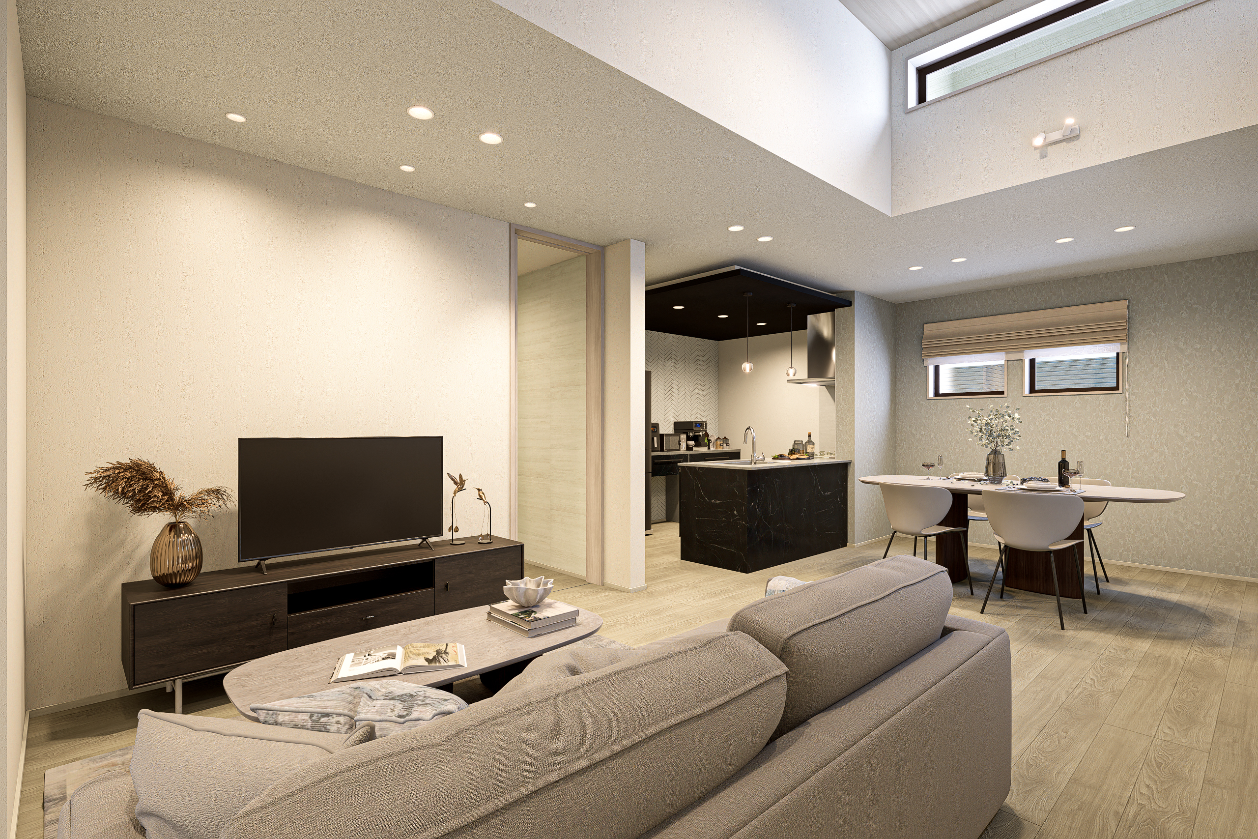 T-2/やわらかな光が満ちる、落ち着きのあるリビング・ダイニング。くつろぎと美しさが調和し、住むほどに愛着が深まる空間です。