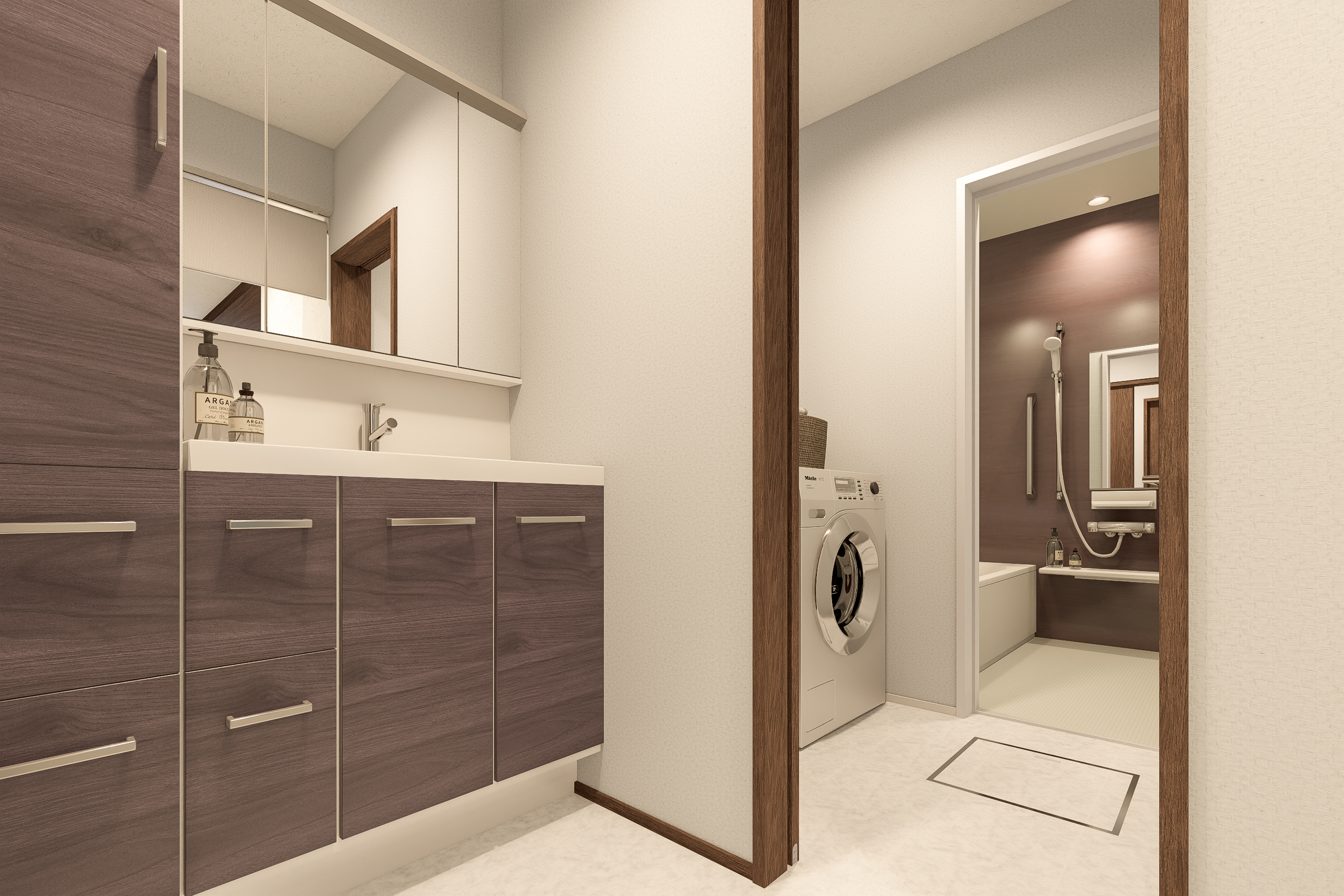 T-2/LED照明付きミラーキャビネットには毎日使う小物や化粧品などが収まり、きれいな水回りをキープできます。