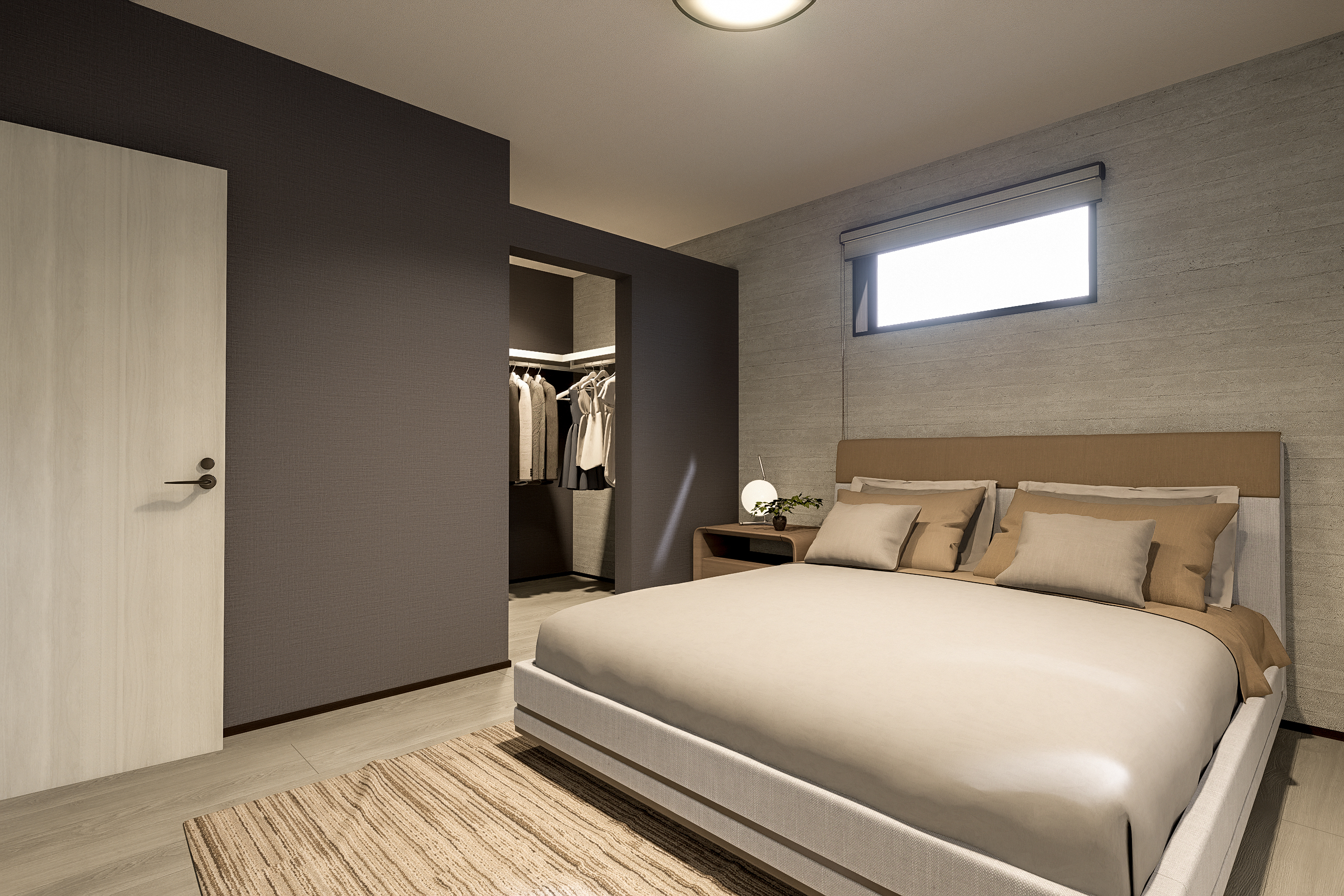 T-1/シックでホテルライクな印象の主寝室は、9.0帖とゆとりある広さを確保。WICが併設されています。