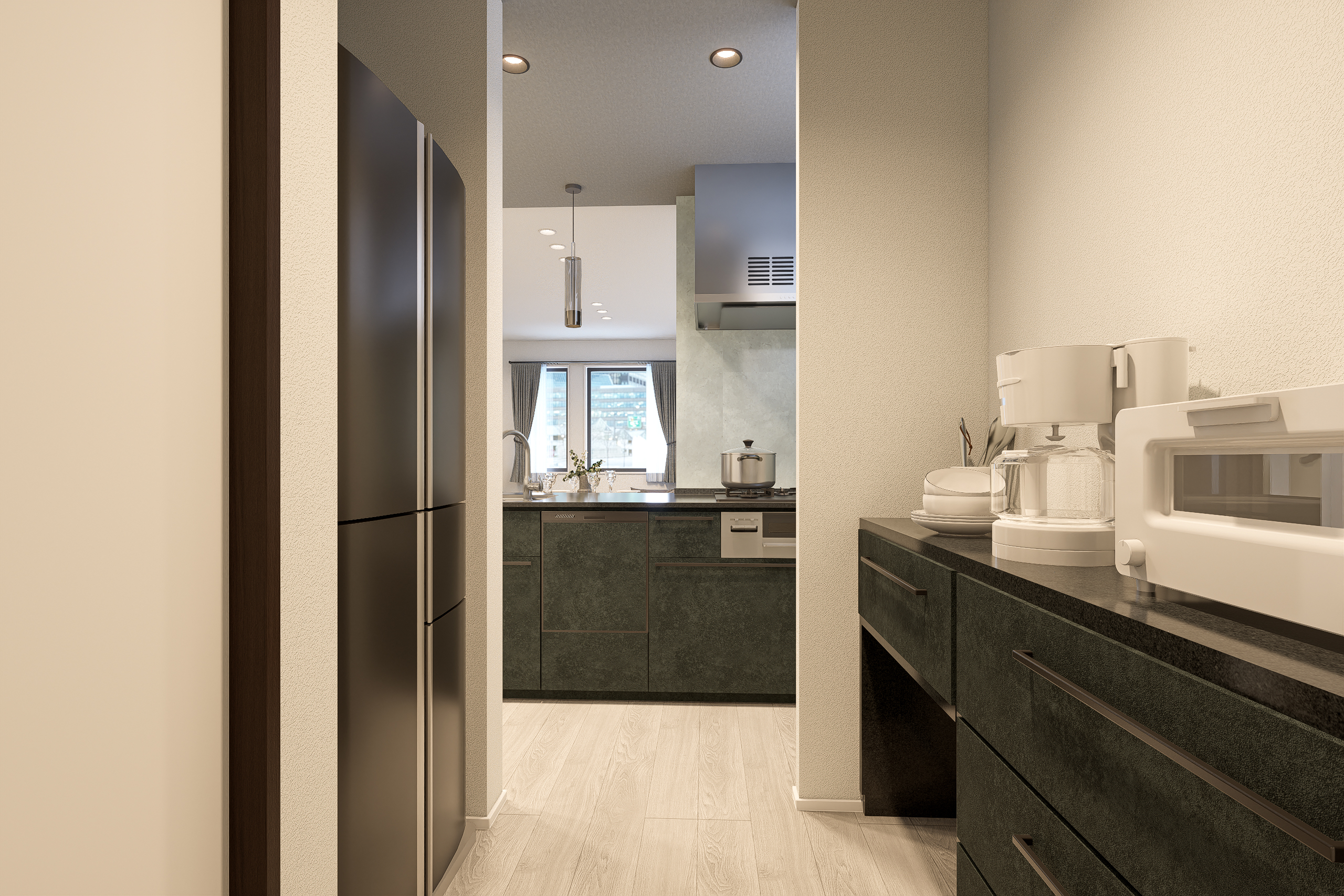 T-2/キッチン背面にはカップボードや冷蔵庫が置けるだけでなく、物入れ併設で小物や常備食の収納に便利です。