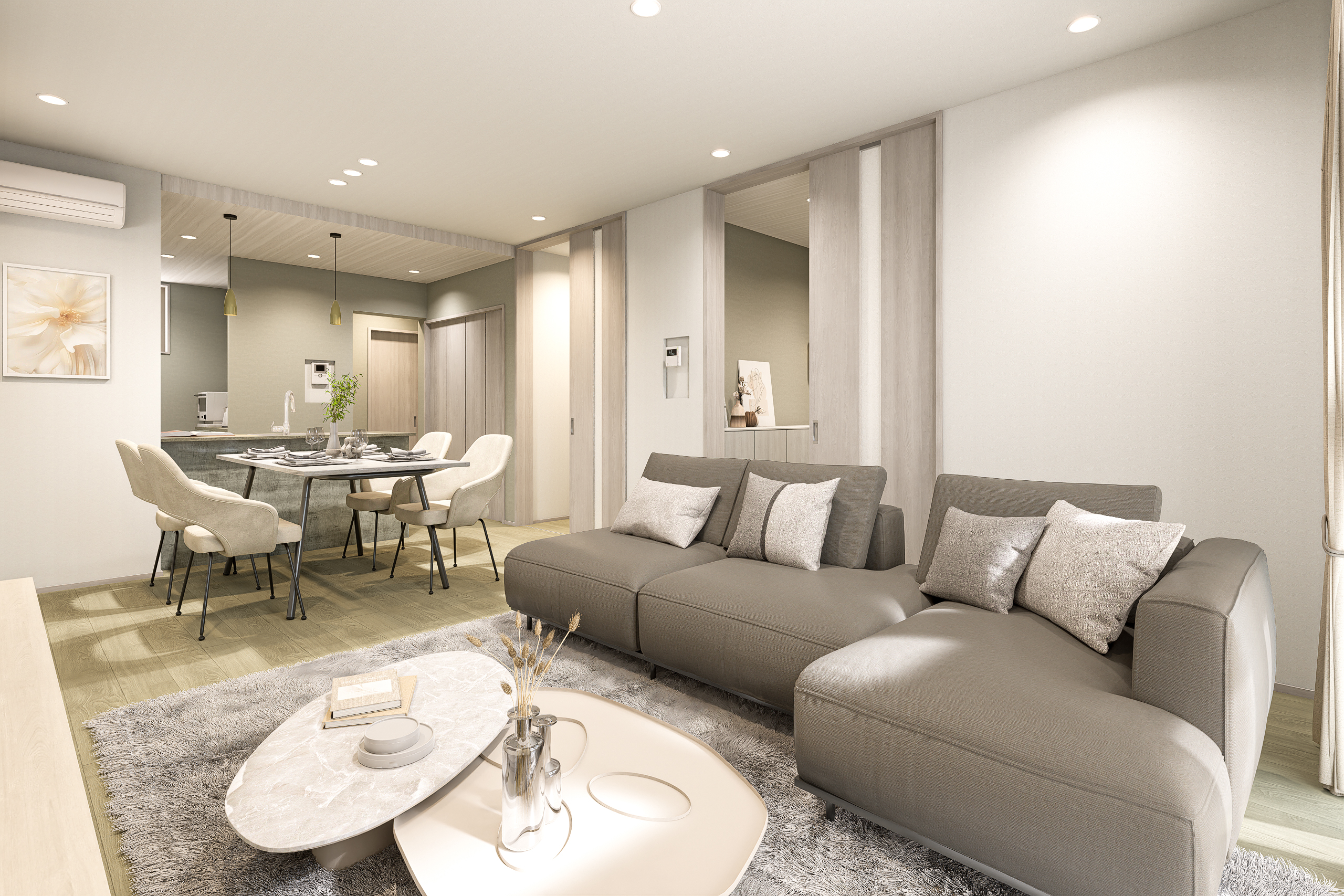 T-2／優しいグレージュカラーで気持ちまで柔らかくなるようなLDK。淡いトーンが空間をより広く見せてくれます。