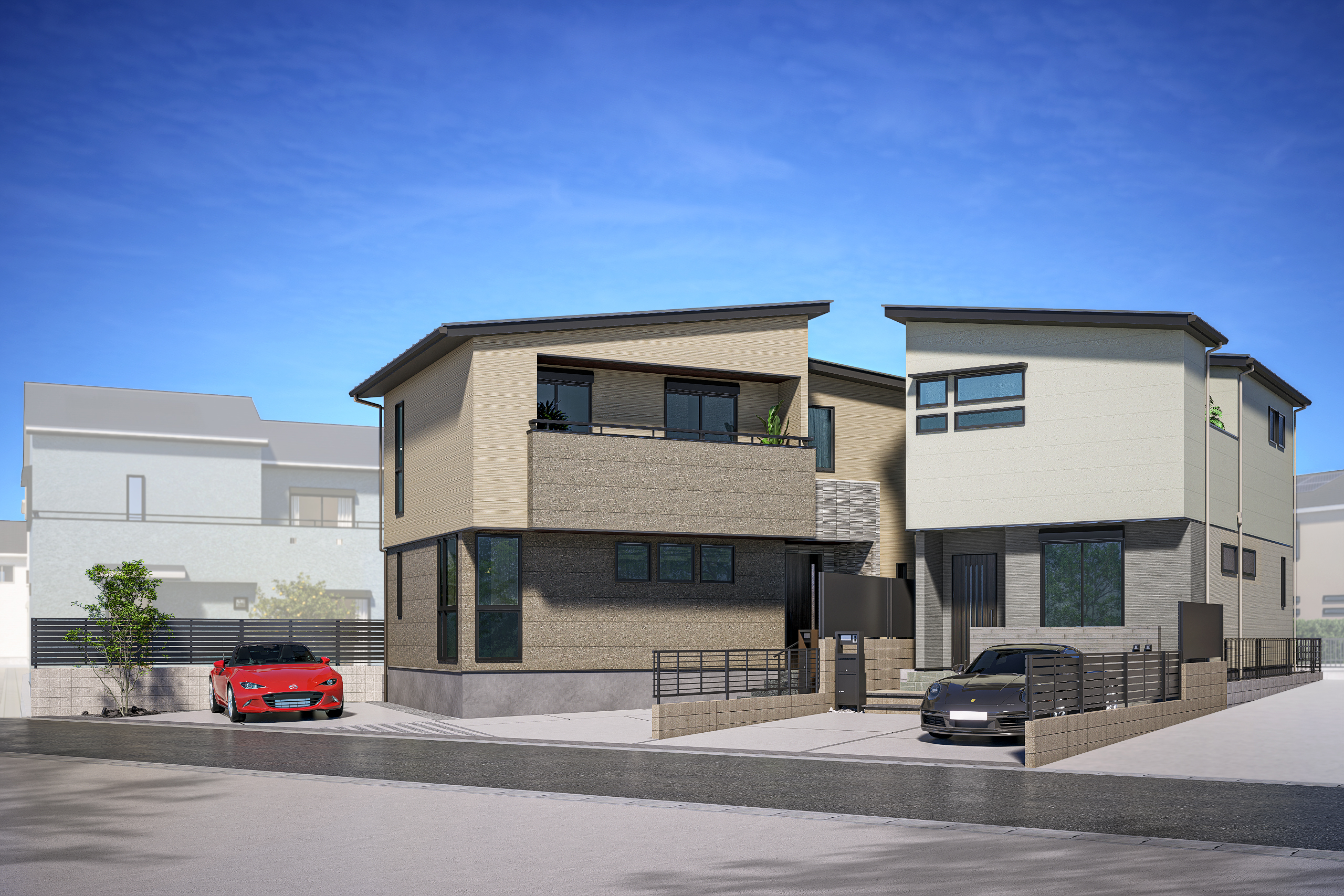 T-2／豊かな表情で彩るオシャレな外観。シンプルなフラットデザインに自然な風合いをプラスし、外観をモダンに演出。