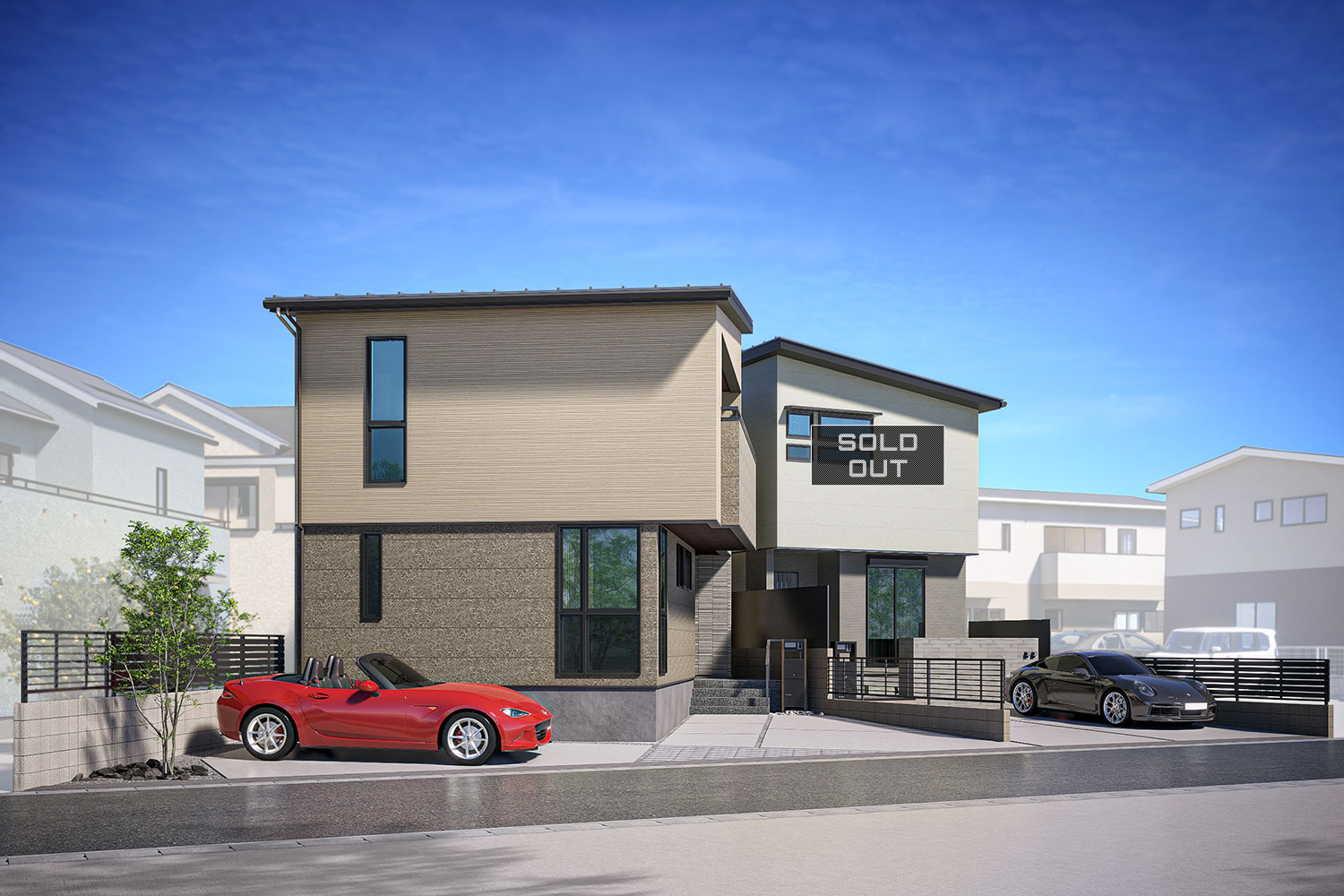 T-1／豊かな表情で彩るオシャレな外観。シンプルなフラットデザインに自然な風合いをプラスし、外観をモダンに演出。