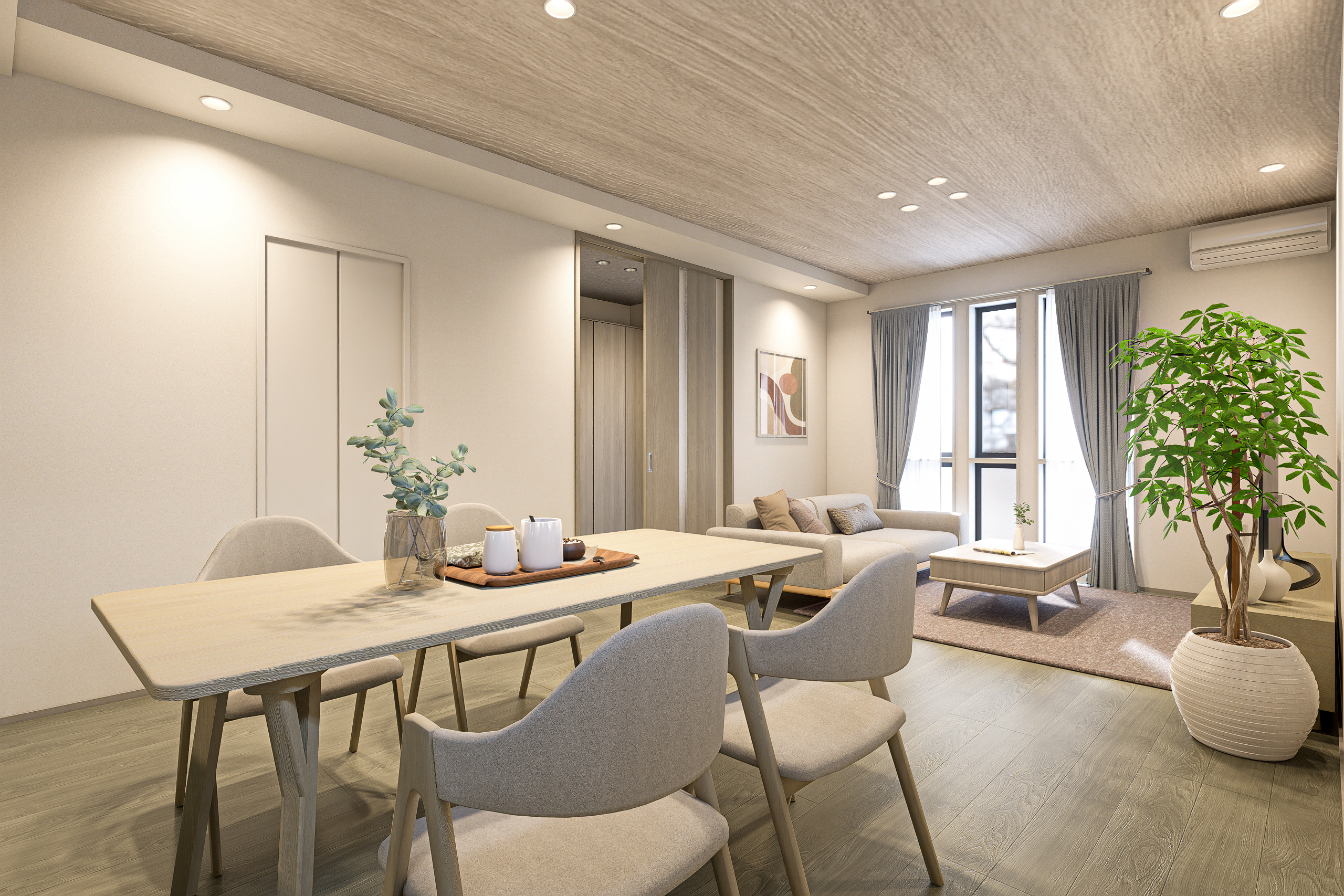 T-3/ダイニングからリビング、その先へ。遮るもののない視線の抜けが、圧倒的な広がりを演出します。