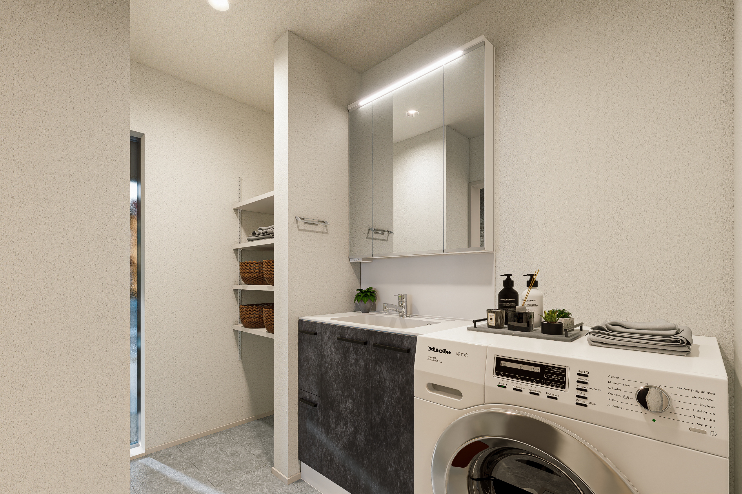 T-1/ゆとりのある広さを確保した洗面室には便利な可動棚収納を完備し、清潔感のある空間を毎日キープできます。