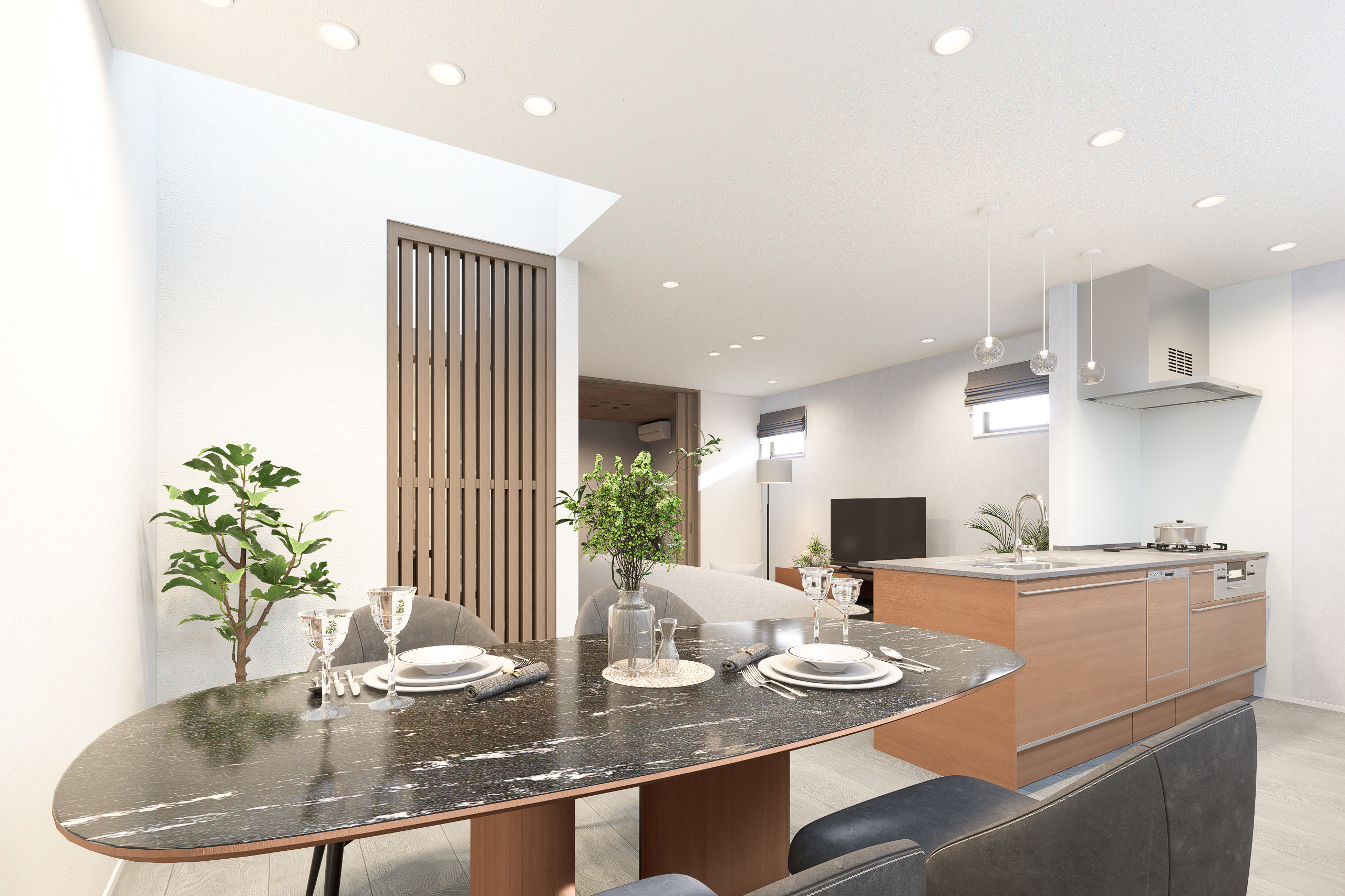 T-5／縦格子が空間を緩やかに仕切るモダンなLDK。続間和室はお子様の遊び場や家事スペース、客間としても重宝。