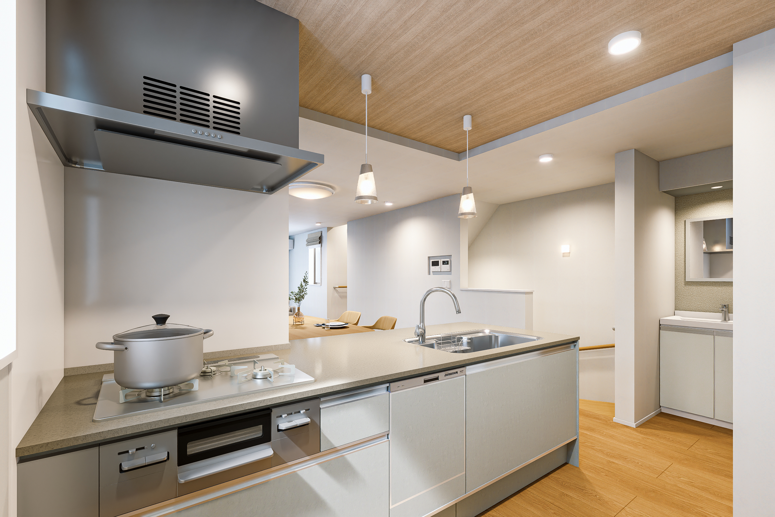 T-2/フィオレストーンのカウンタートップにタッチレス水栓、食器洗い乾燥機など便利さと美しさを併せ持つキッチン。