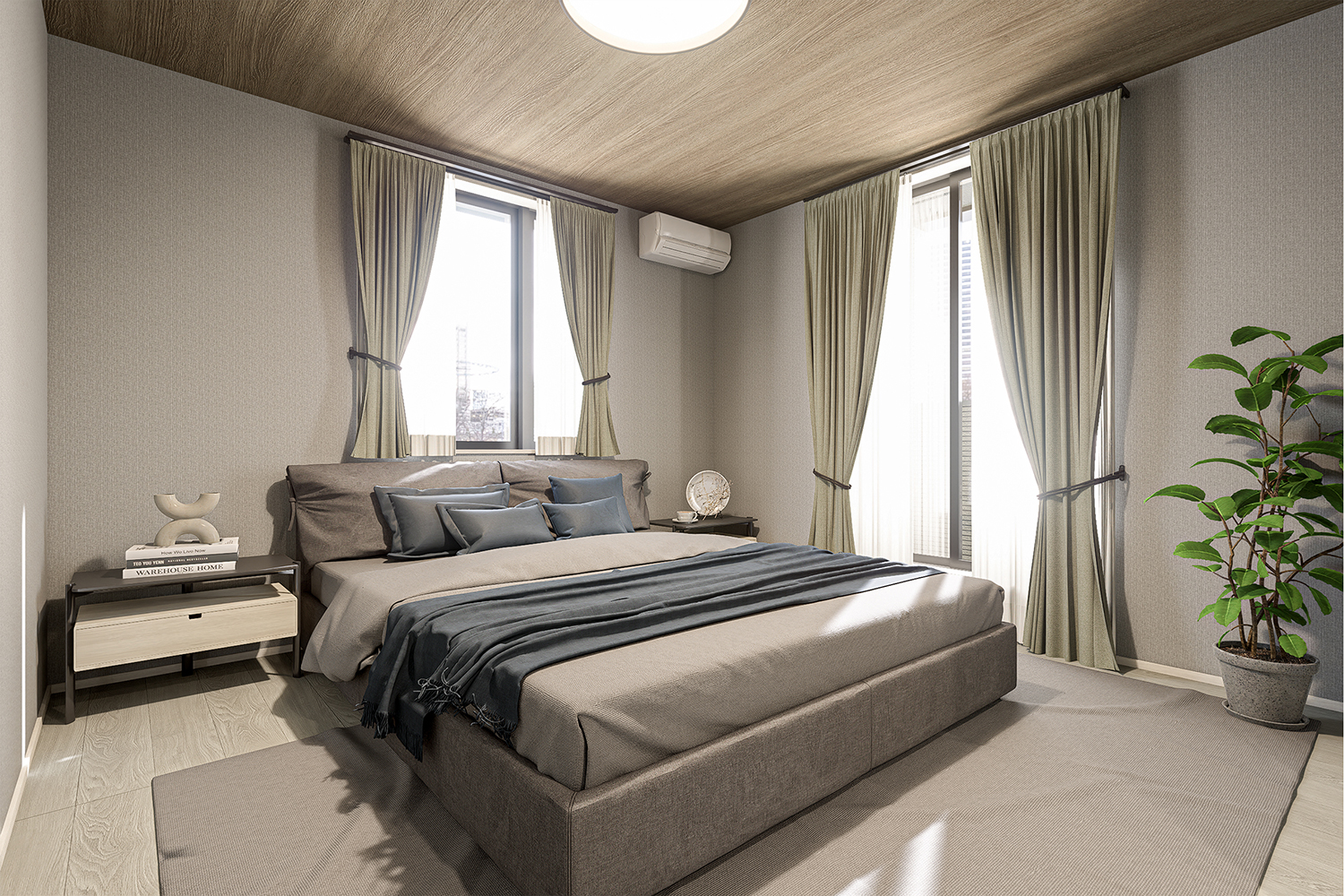 T-1/天井に木目のクロスをあしらった主寝室は、ナチュラルで温かみのある雰囲気が魅力。