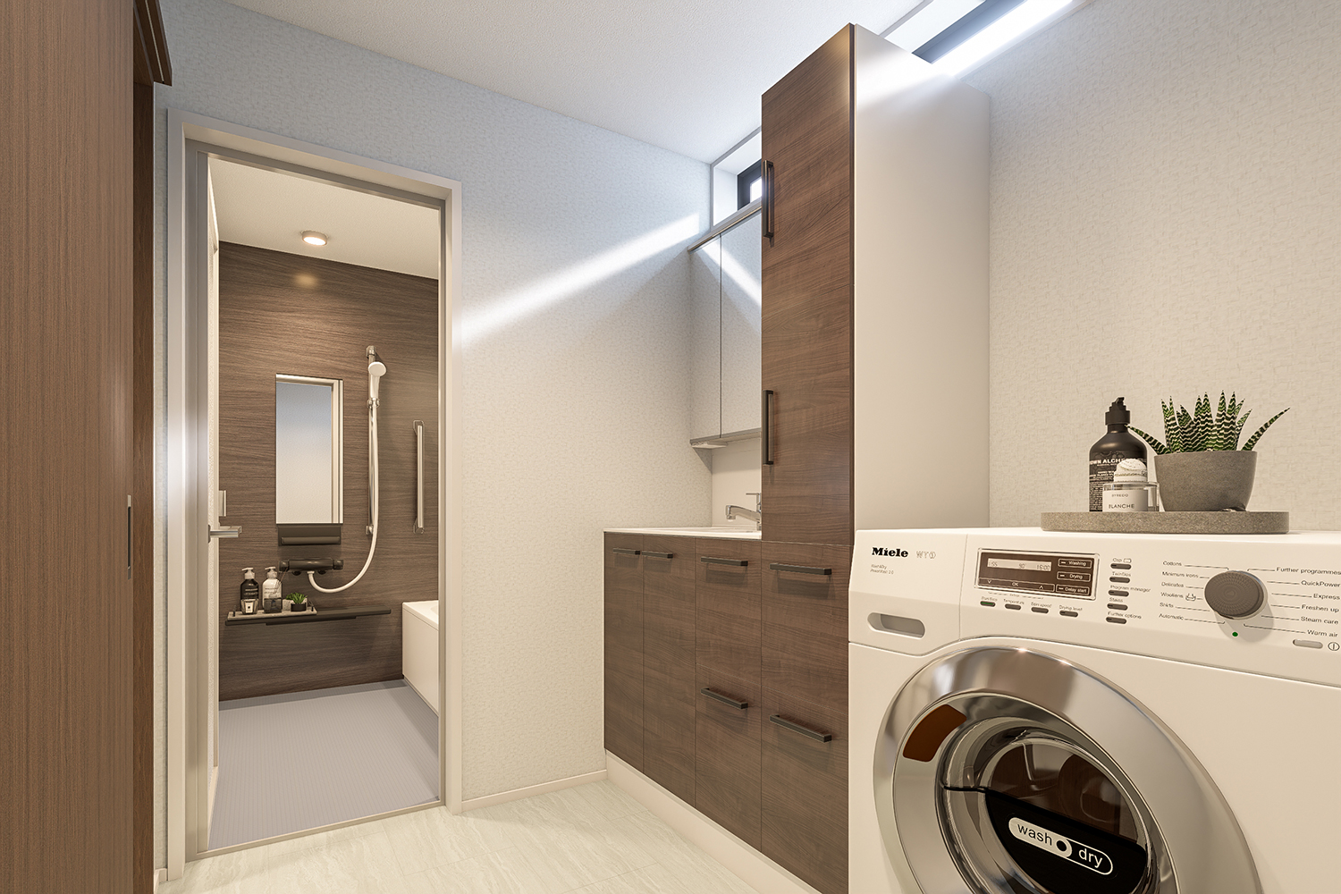 T-2/ゆとりのある洗面脱衣室は、朝の身支度や洗濯を余裕をもって行える広さを確保。