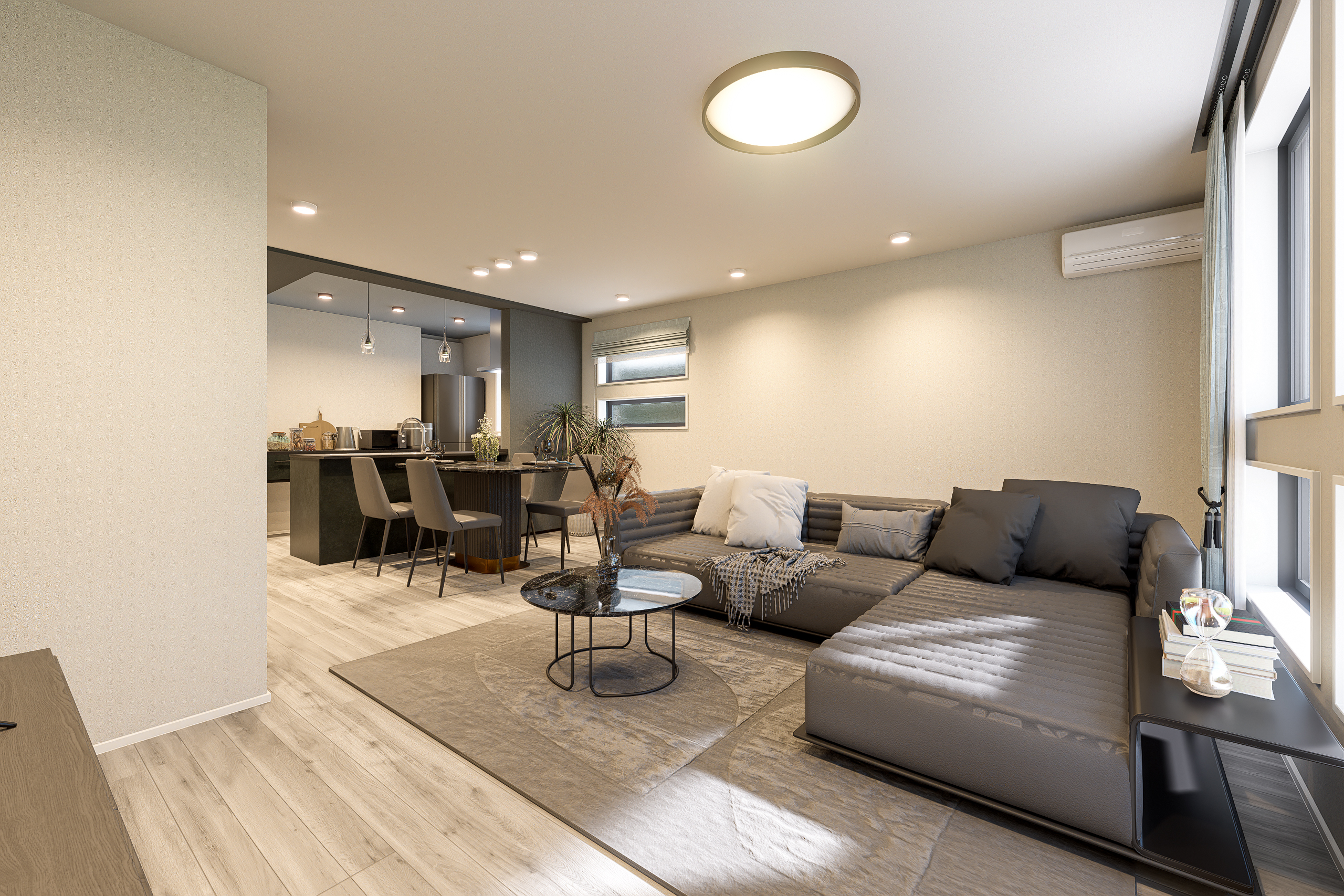 T-1/開放感あふれるLDK。お子様とのびのび過ごせるゆとりある空間は、親子の絆と健やかな成長を育みます。