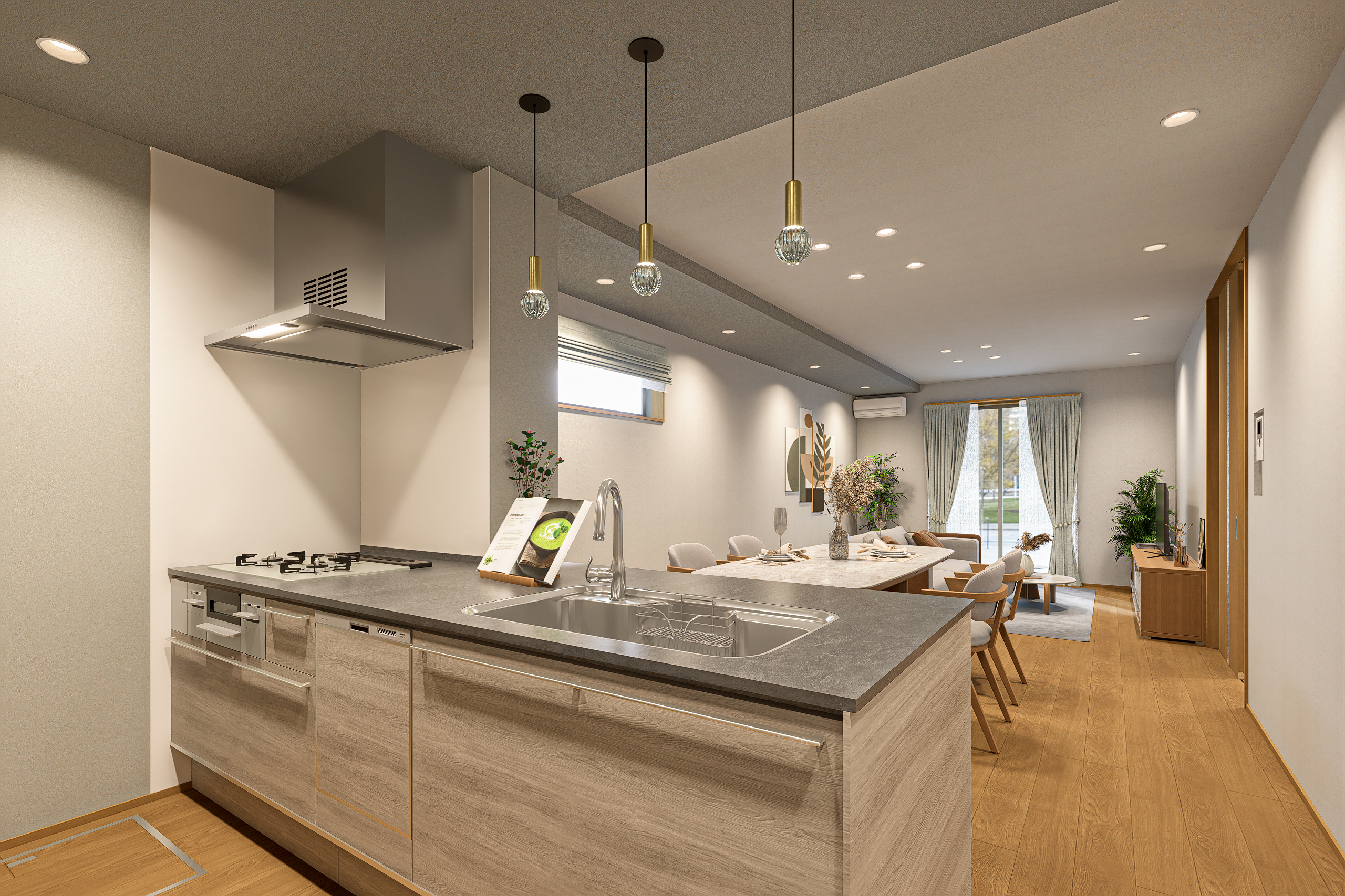 T-1/グレーのメラミンワークトップと温かみのある前面パネルを組み合わせたナチュラルデザインのキッチン。