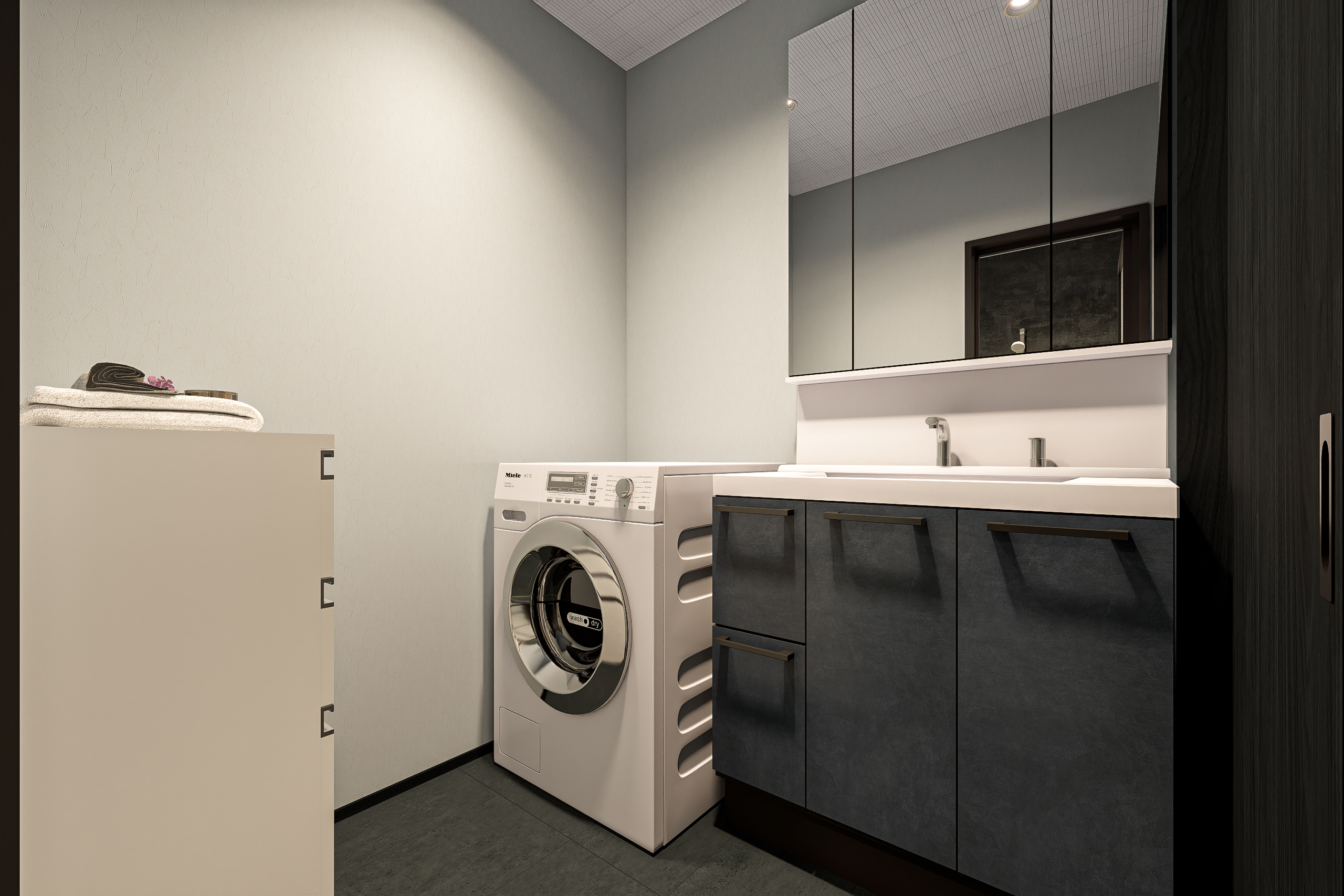 T-1/「ずっと安心で心地いい」を叶える、ホテルライクな洗面空間。継ぎ目の少ない美しいデザインがお手入れを劇的に楽にし、清潔感をキープ。