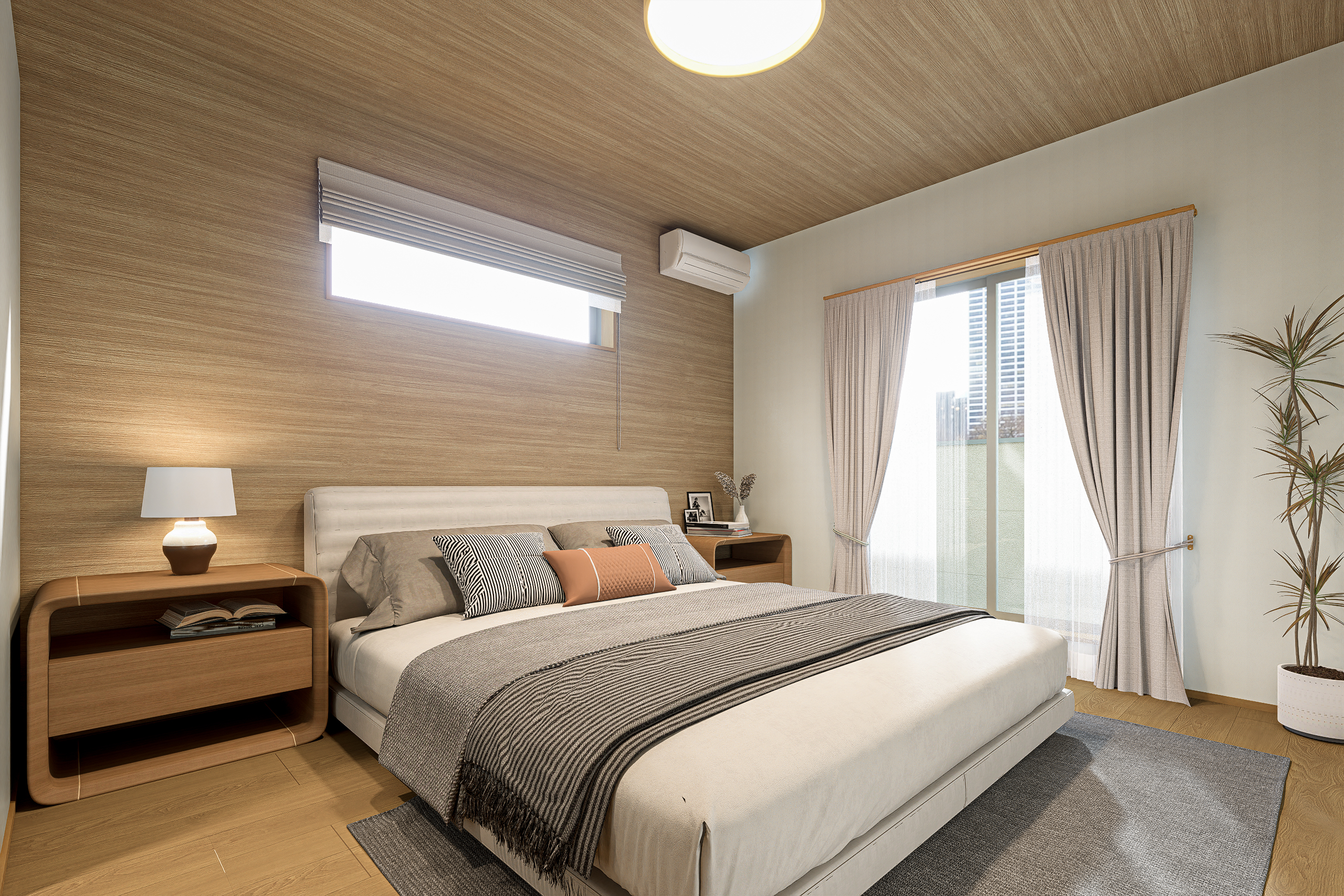 T-1/バルコニーから注ぐ柔らかな光で目覚める、心地よい主寝室。就寝前のひとときも豊かに彩る、贅沢な空間です。