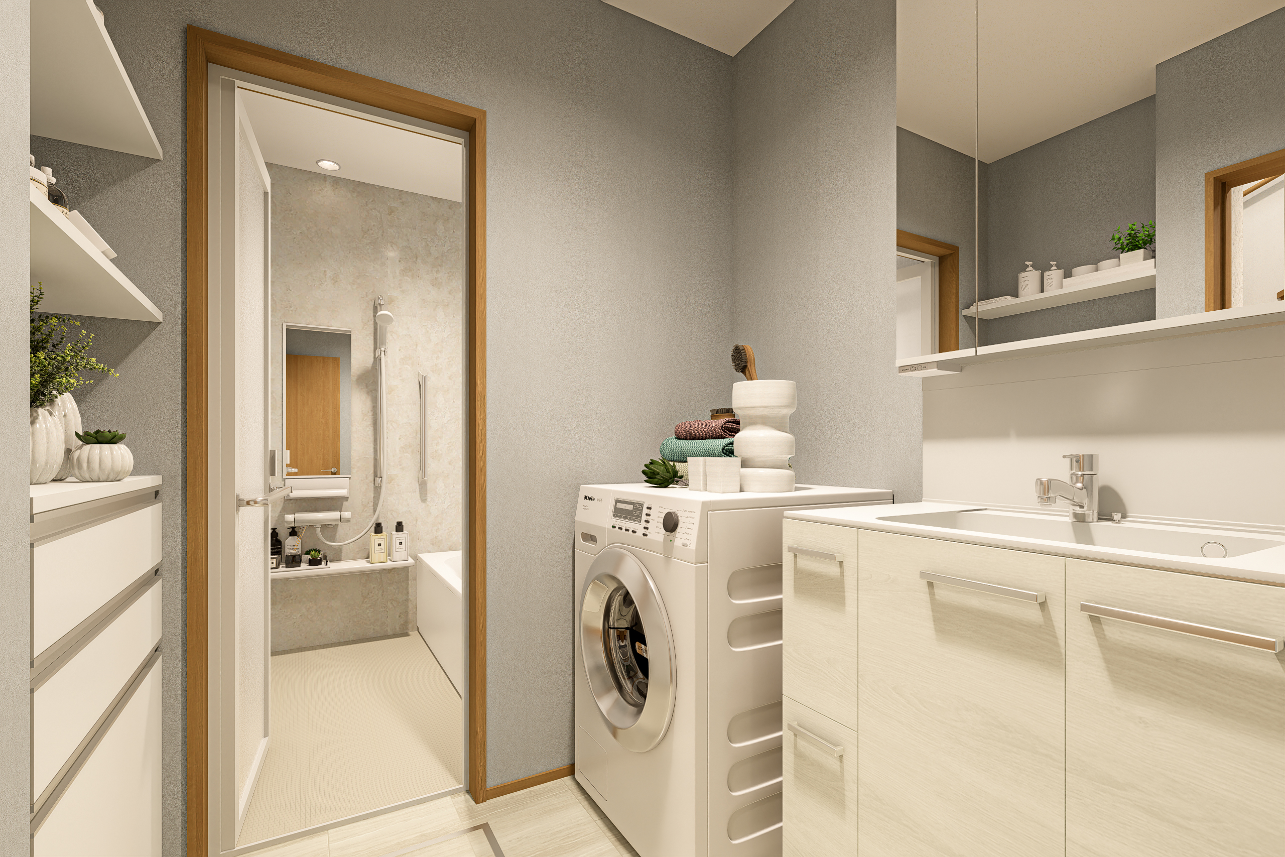 T-1/ランドリーキャビネットを備えた収納充実の洗面室。用途に合わせた収納が、散らかりがちな水回りをスマートに。