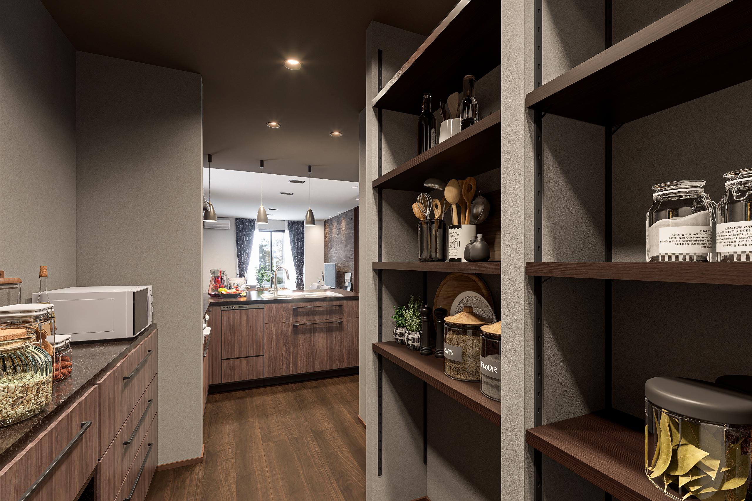 T-2／可動棚やカップボード置き場として利用できる、広々としたパントリースペースをご用意しています。※イメージとなります