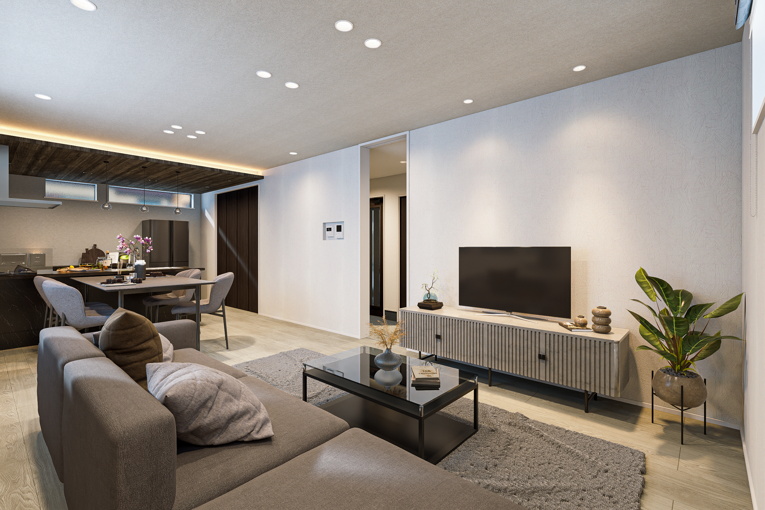 T-1/視界を遮らない伸びやかな空間。天井の間接照明が視線を奥へと誘い、空間全体に深みを与えます。