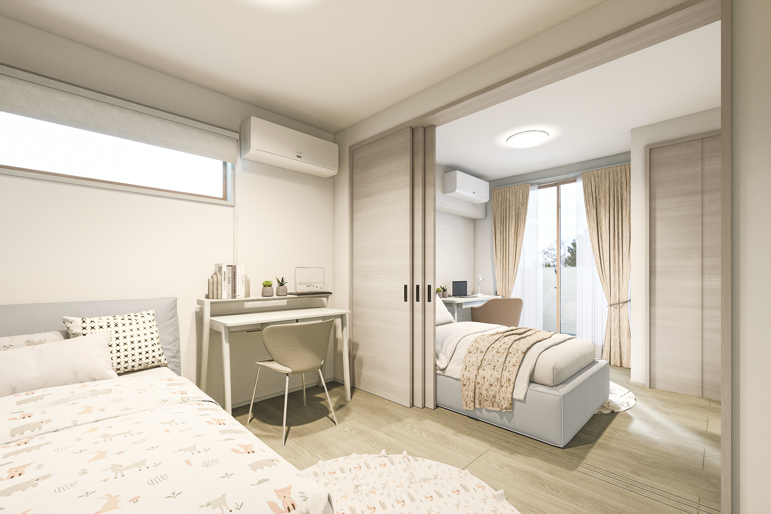 T-2/引き戸で仕切れる続き間設計は、寝室とワークスペース、または兄弟姉妹の部屋など多様なニーズに対応。