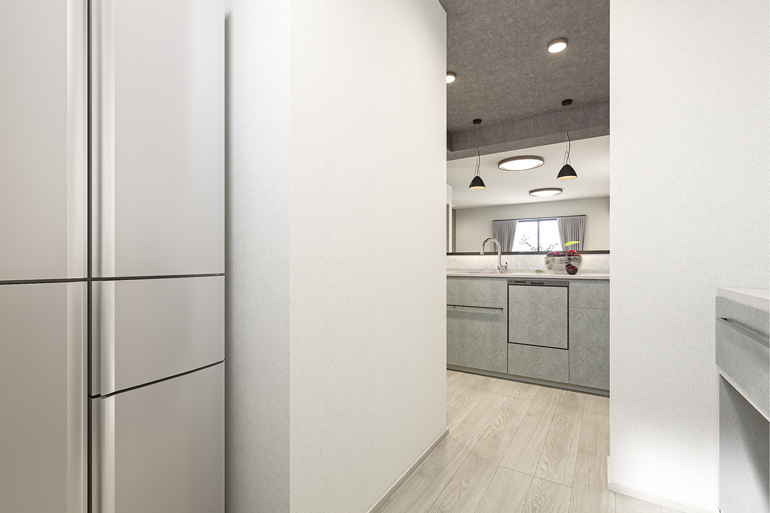 T-1/キッチンの奥には、カップボードや冷蔵庫をゆとりをもって配置できるスペースを確保。動線にも余裕があります。