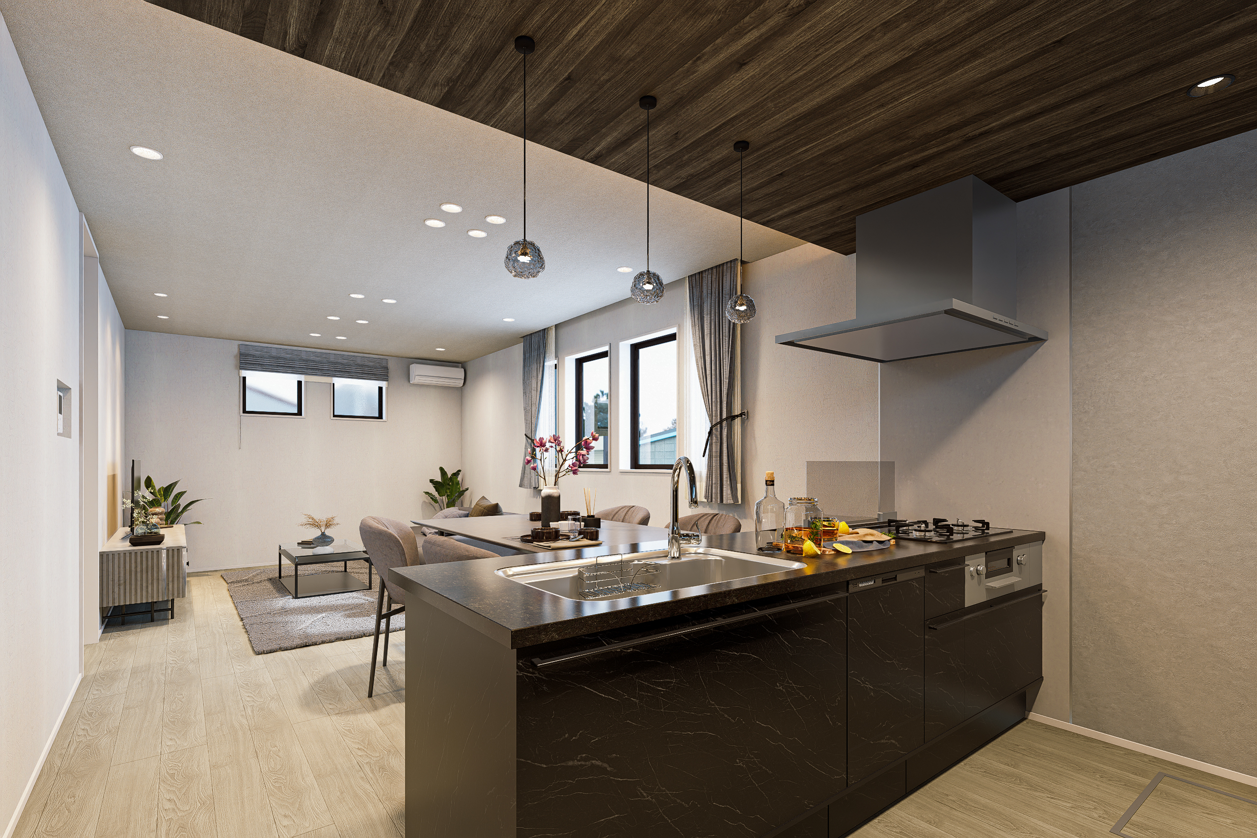 T-1/キッチンはタカラスタンダード製を採用。「フィオレストーン」を贅沢に使用し、料理の時間を優雅に彩ります。