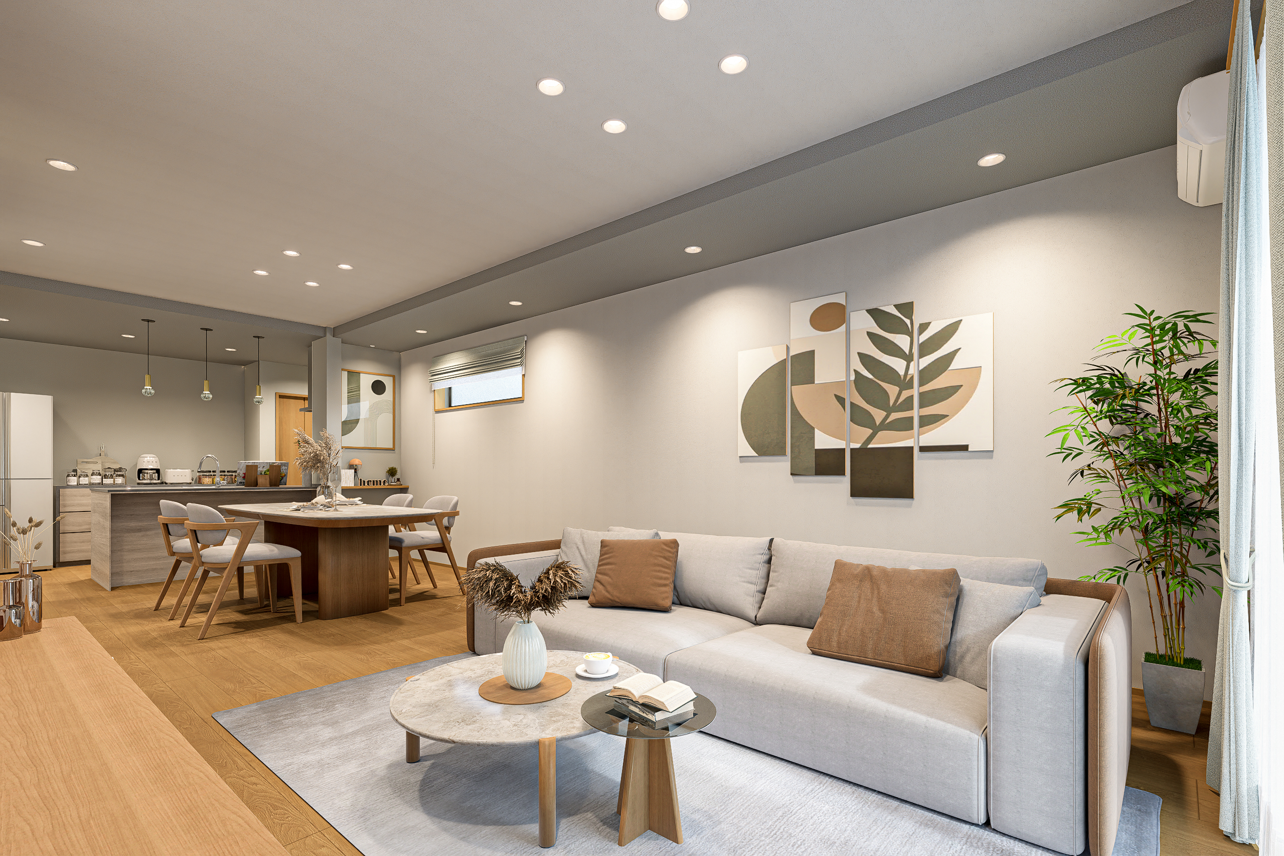 T-1/対面キッチンを中心に家族の会話が自然と弾み、どこにいてもお互いの気配を感じられる、心地よい住まいです。