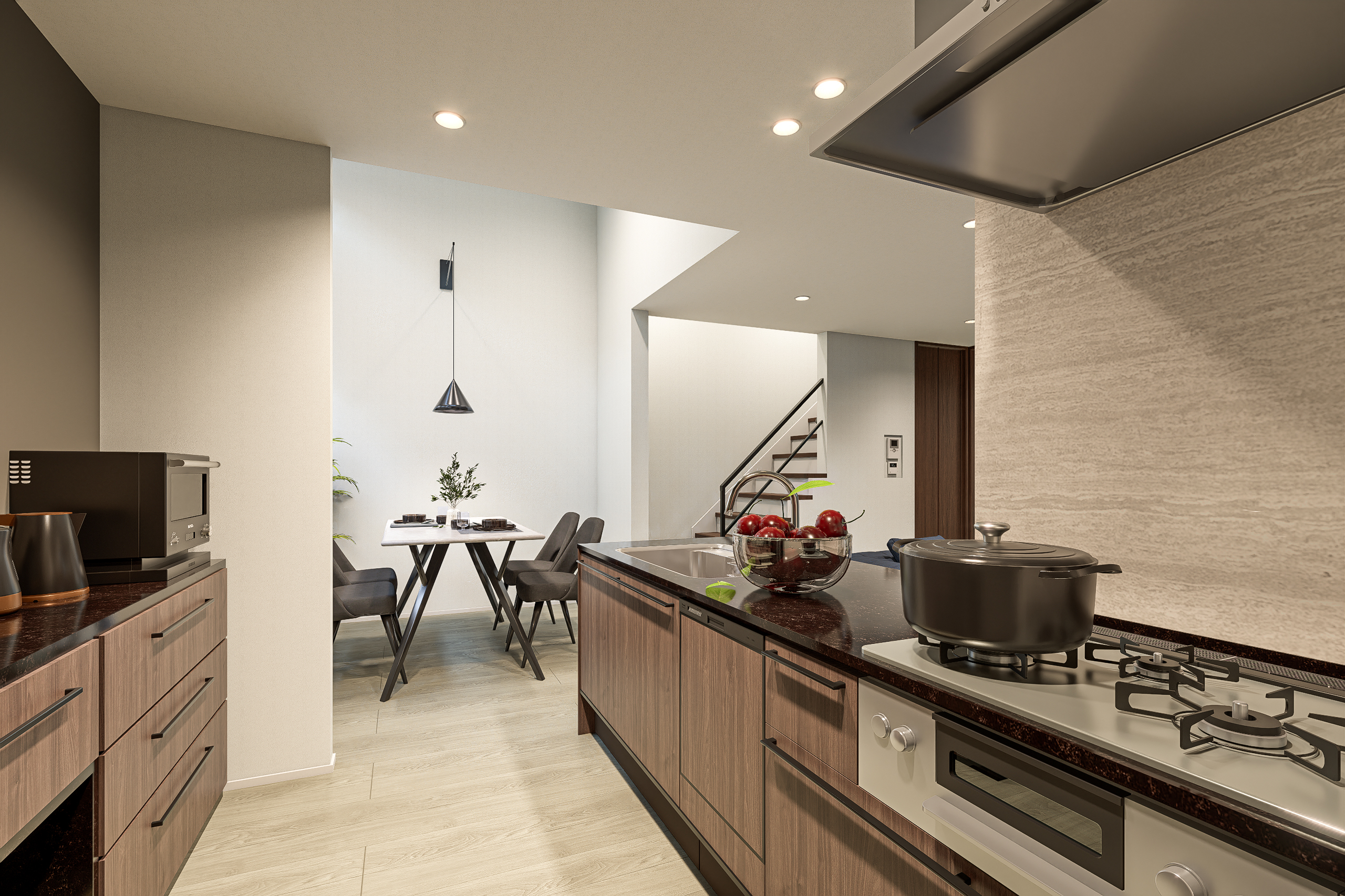 T-2/背面にゆとりがあるから、お気に入りのカップボードや家電も美しくレイアウト可能。広々とした通路で家事動線が重ならず、忙しい朝もストレスフリーに朝食の準備が整います。