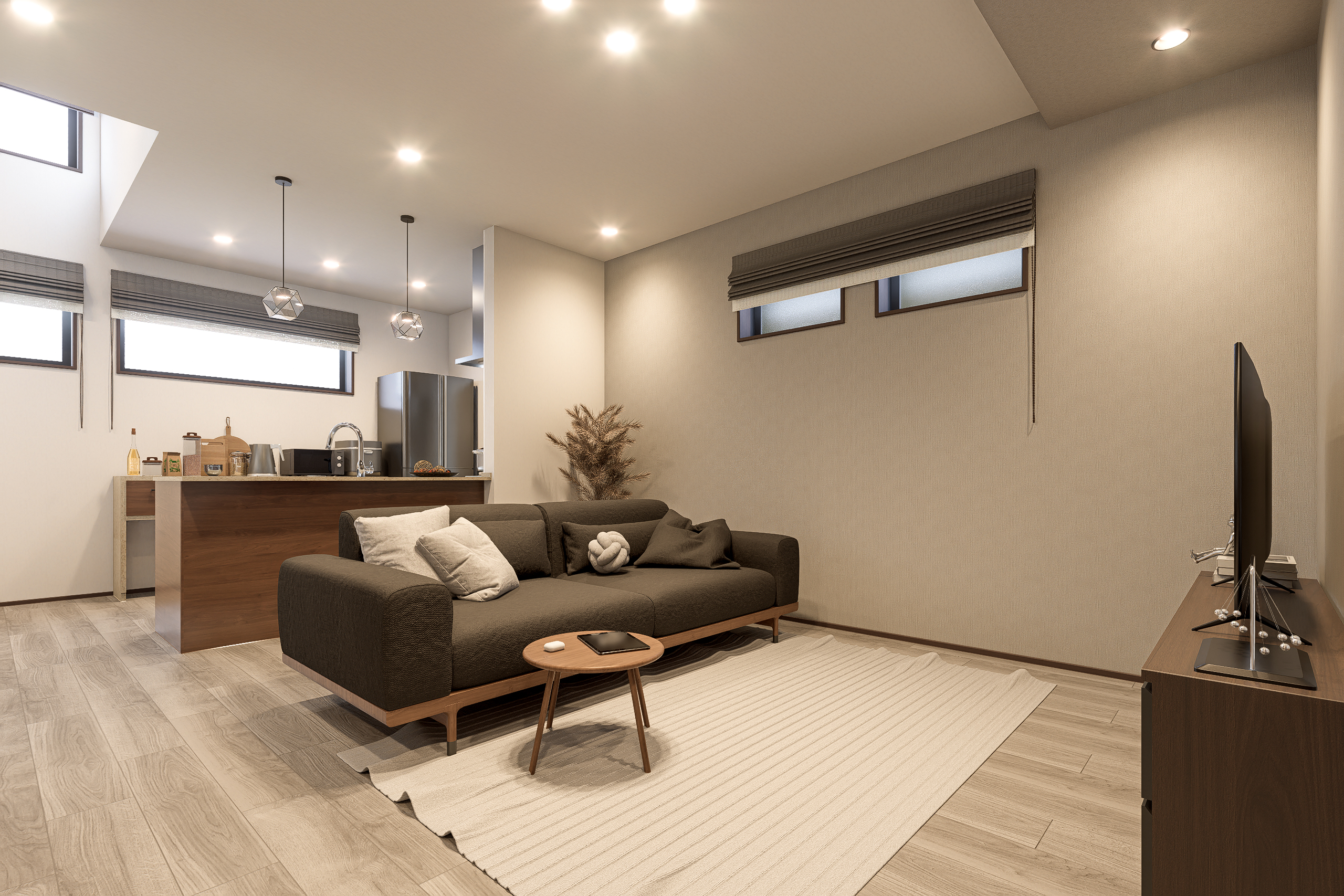 T-3／18.0帖のLDKは、一部を高天井にすることで縦への広がりをもたらします。暮らしの中心となる憩いの空間。