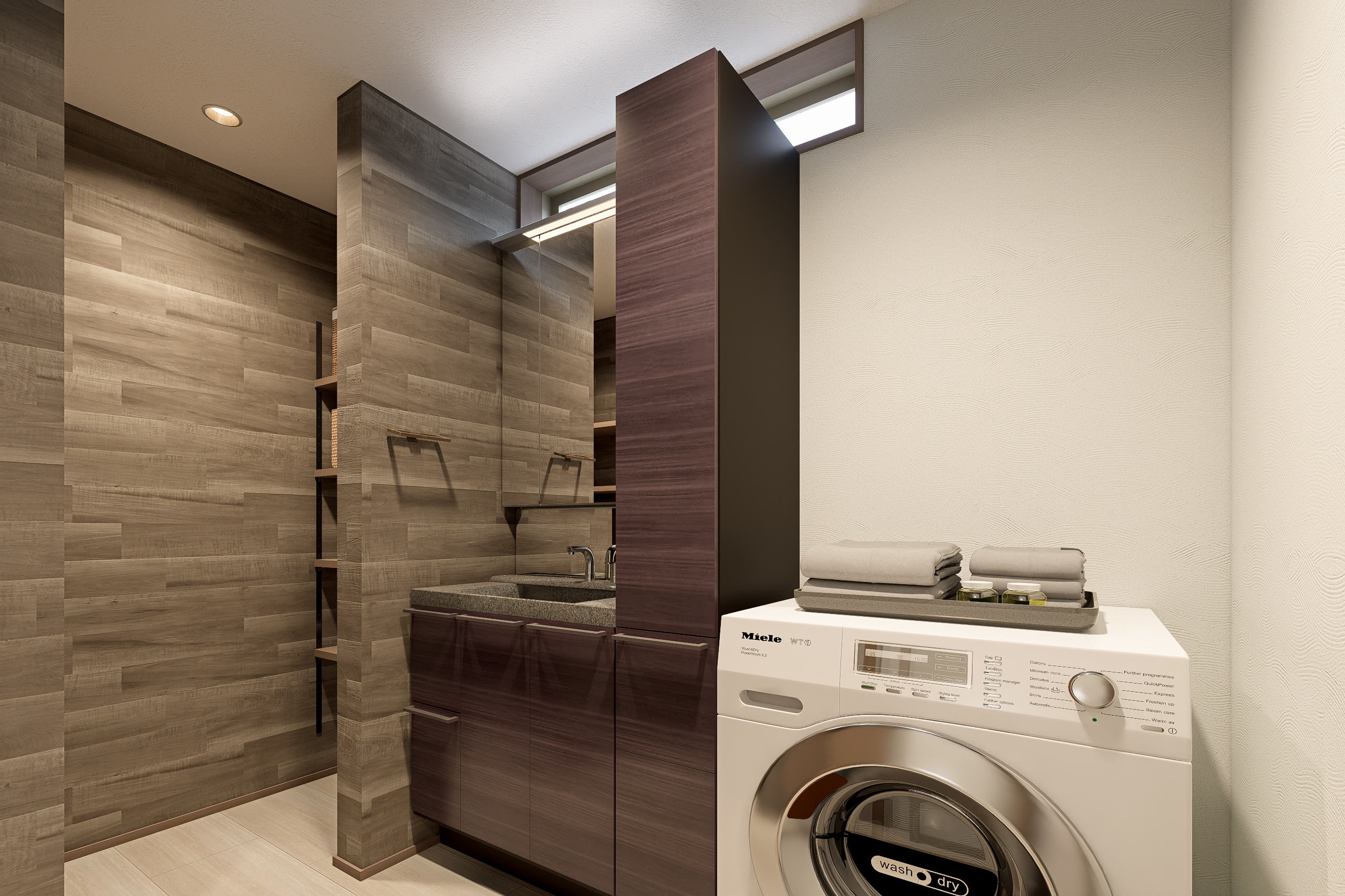 T-3／収納力・お手入れのしやすさなど、どれをとっても自然と暮らしに馴染む洗面室。可動棚付き物入れ併設。 ※イメージとなります