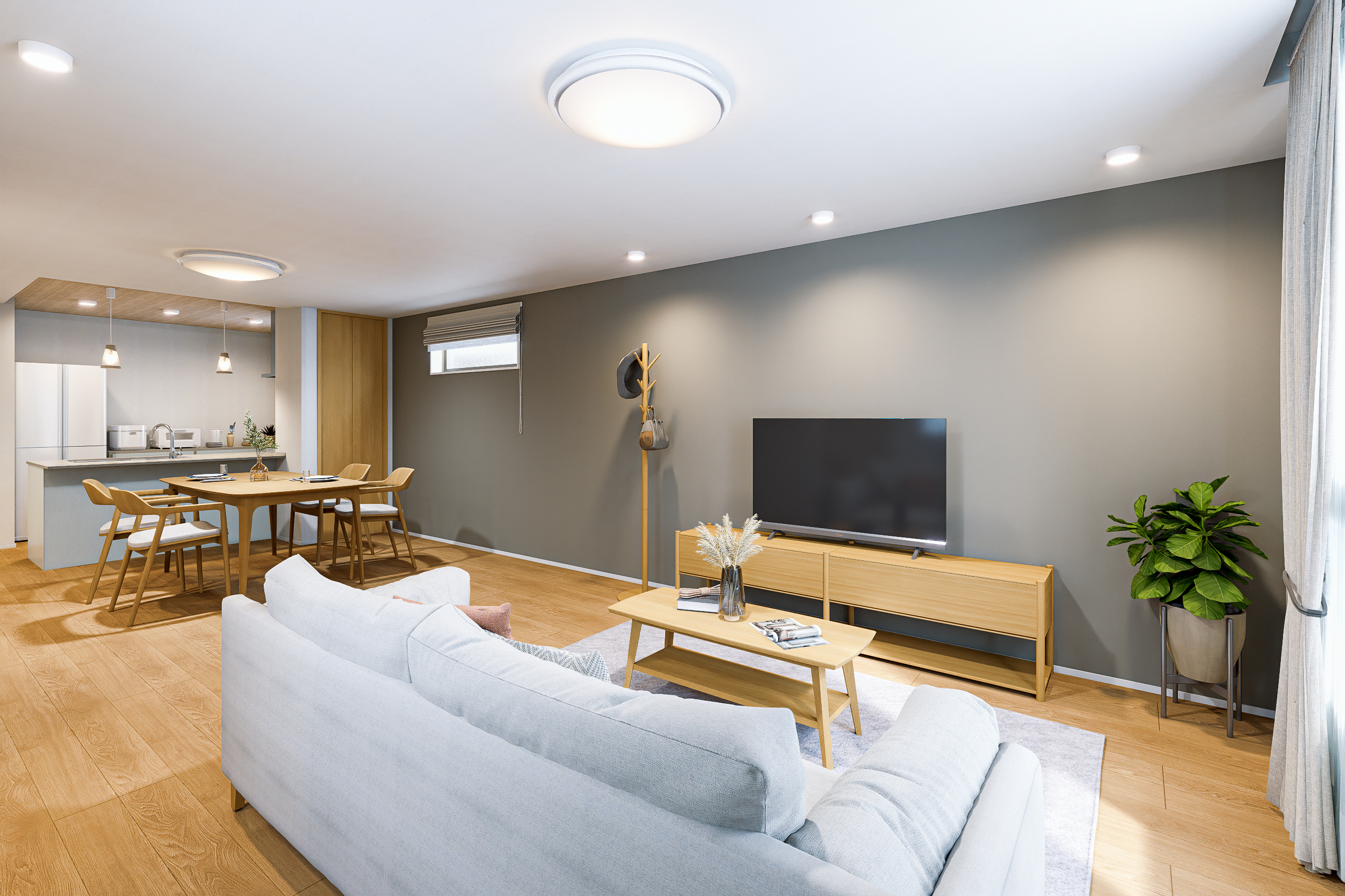 T-2/ナチュラル&ベーシックな仕様にグレーのクロスがアクセントになったスタイリッシュなLDK。