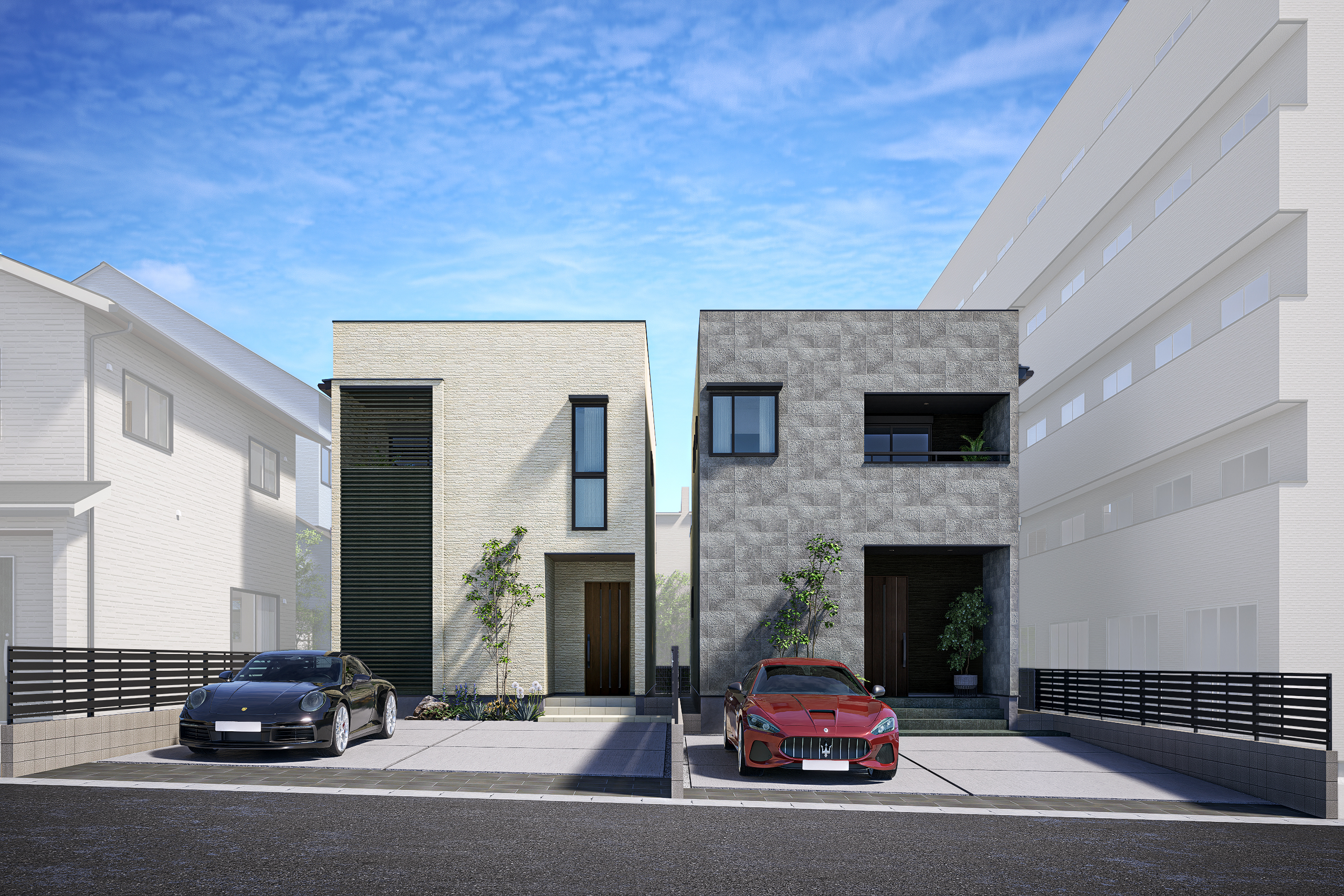 T-2、T-1/敷地広々44坪超!スタイリッシュなスクエアフォルムの、断熱性・耐震性に優れた長寿命な住まいです。