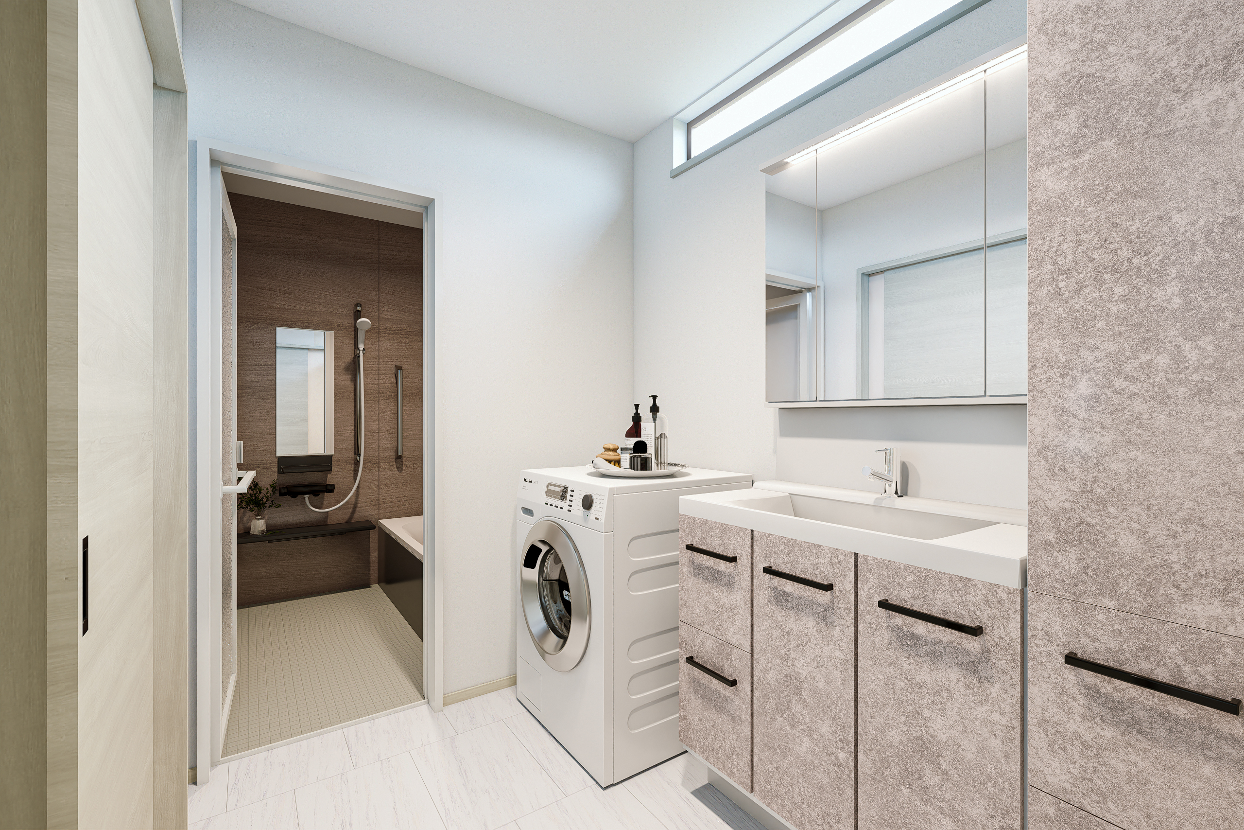 T-2/自然光に包まれる心地よい洗面脱衣室。洗面台横にはサイドキャビネットを完備し、使い勝手にも配慮しました。