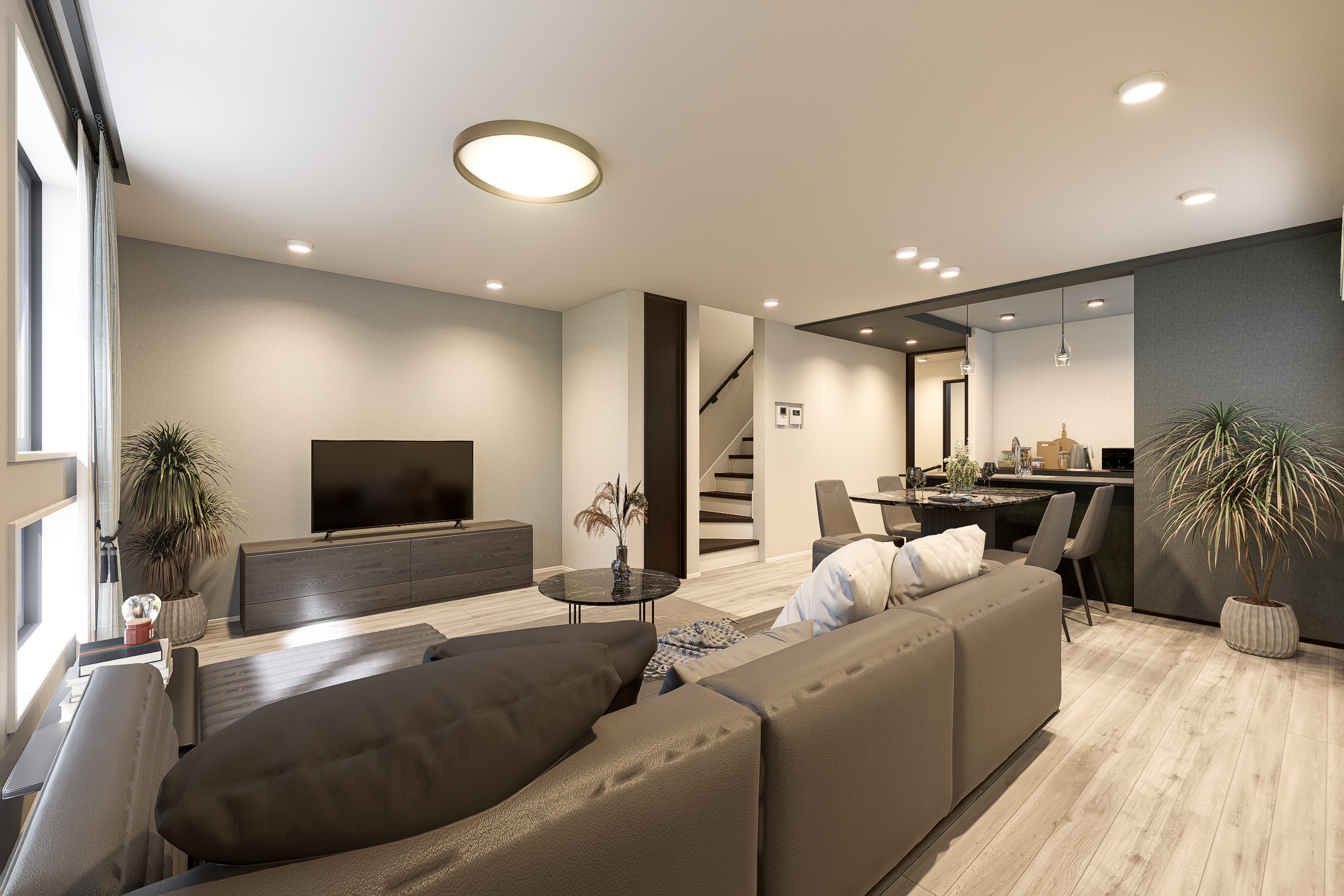 T-1/外からの視線を気にせず過ごせる18.7帖の2階LDK。リビング階段は家族の自然なコミュニケーションを可能に。