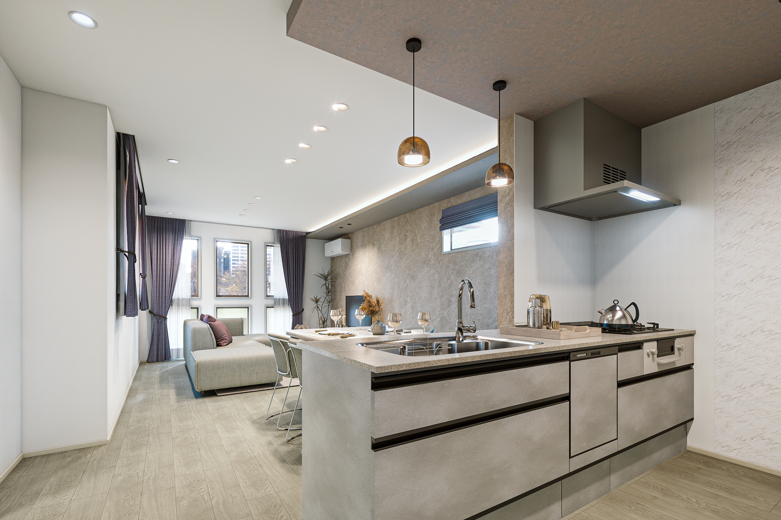 T-2/フィオレストーンのワークトップに加え、手をかざすだけのタッチレス水栓や多機能なガスコンロを完備。