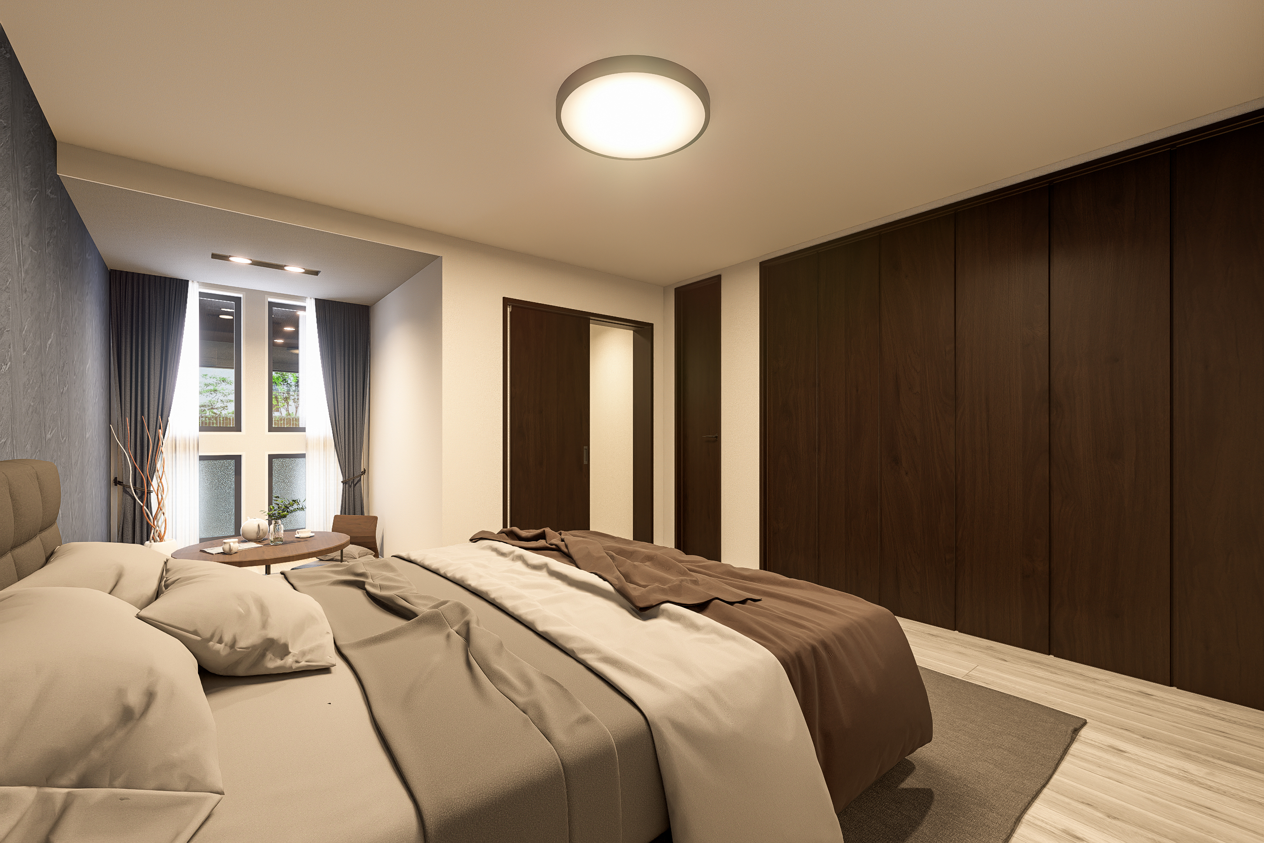 T-1/夫婦の衣類や季節物まで、スッキリと収まる2面のクローゼットと物入れを備えた高い収納力も魅力的な主寝室。