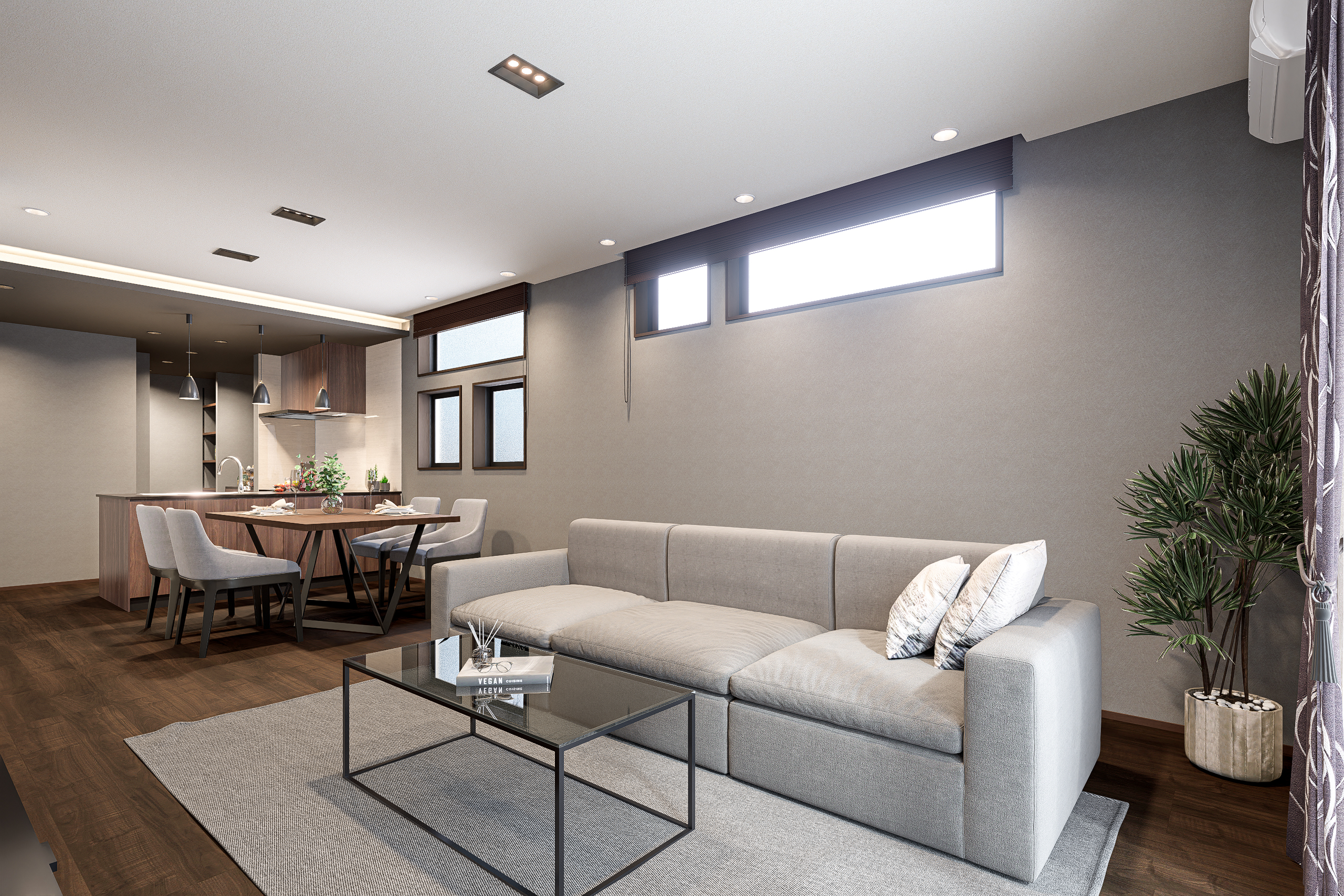 T-2／ダークカラーのフローリングとクロスのカラーコントラストが空間に立体感をプラスして、奥行き感を演出。 ※イメージとなります