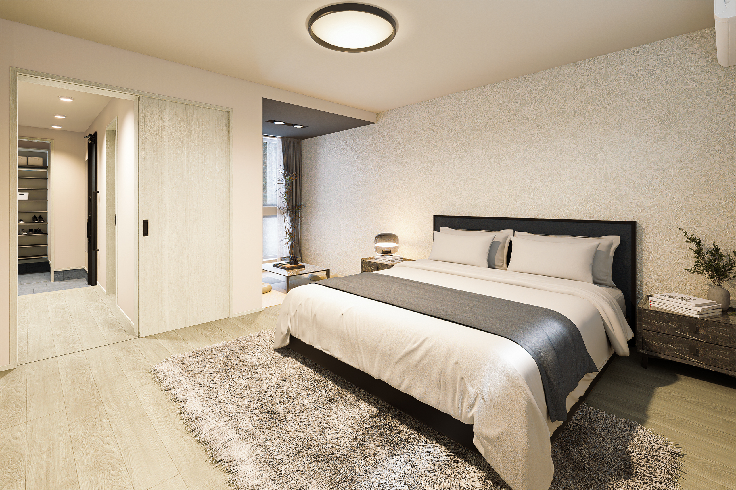 T-3/1階の主寝室には2.0帖のタタミコーナーが設置され、お休み前の寛ぎタイムに癒しをもたらします。