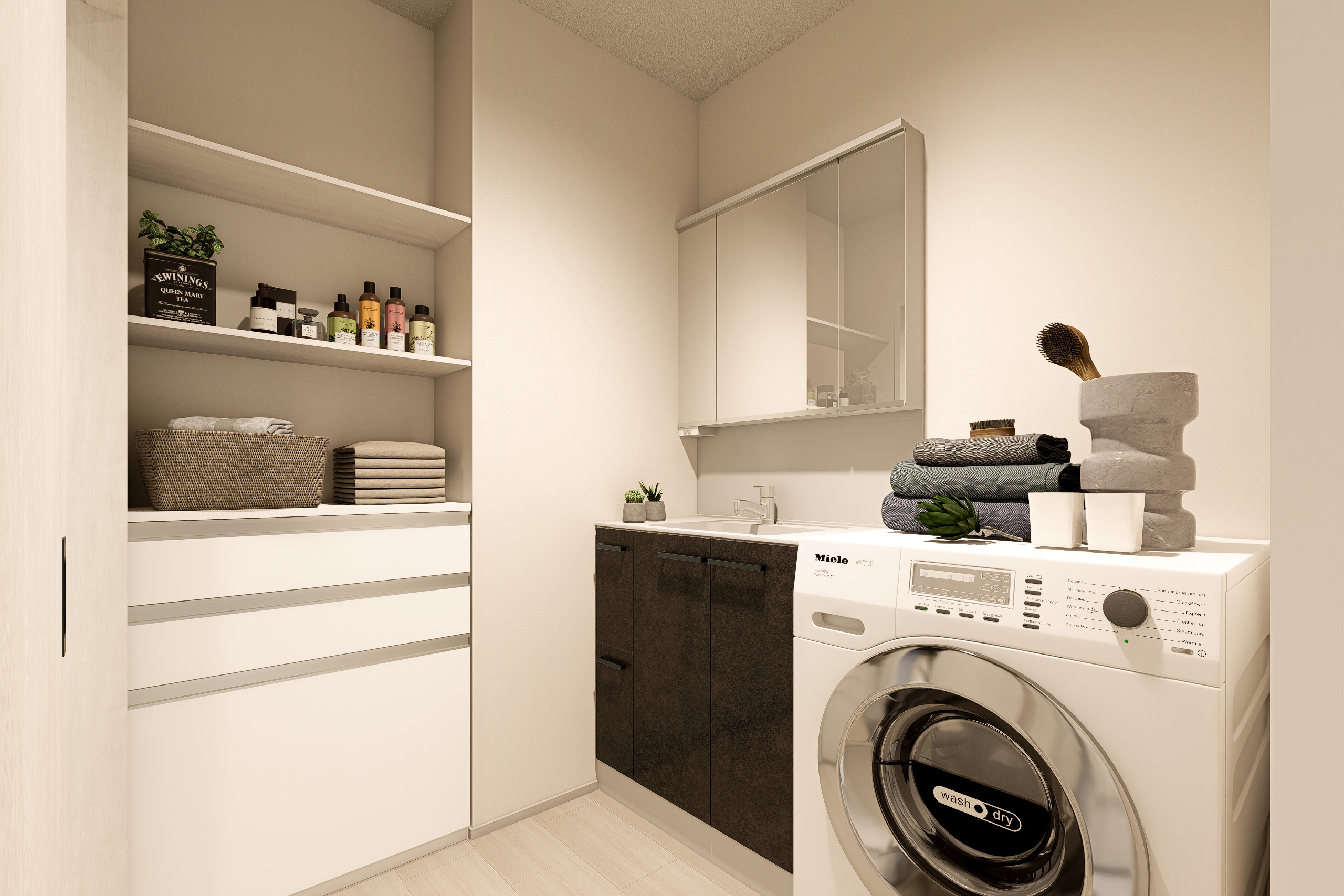 T-4／ランドリーキャビネットで、散らかりがちな洗面室もスッキリ！タオルや着替えもたっぷり収納できます。