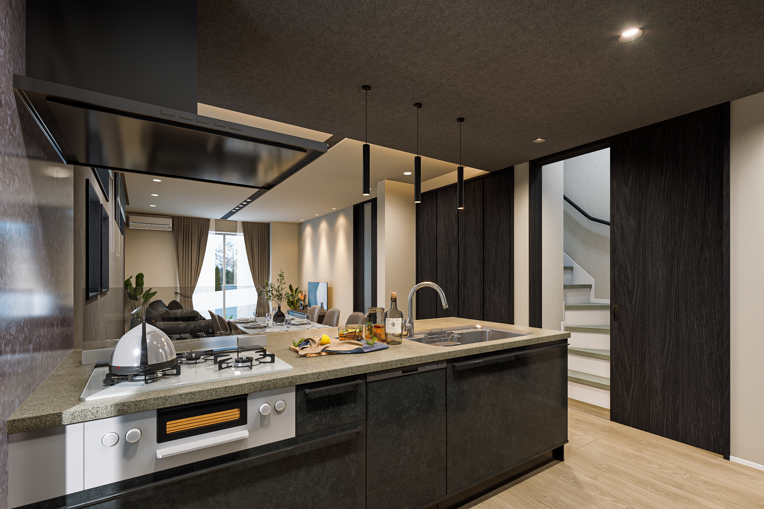 T-1／機能性を持たせた先進のキッチンは、美しい艶と輝きを纏うフィオレストーンの天板を採用しています。 ※イメージとなります