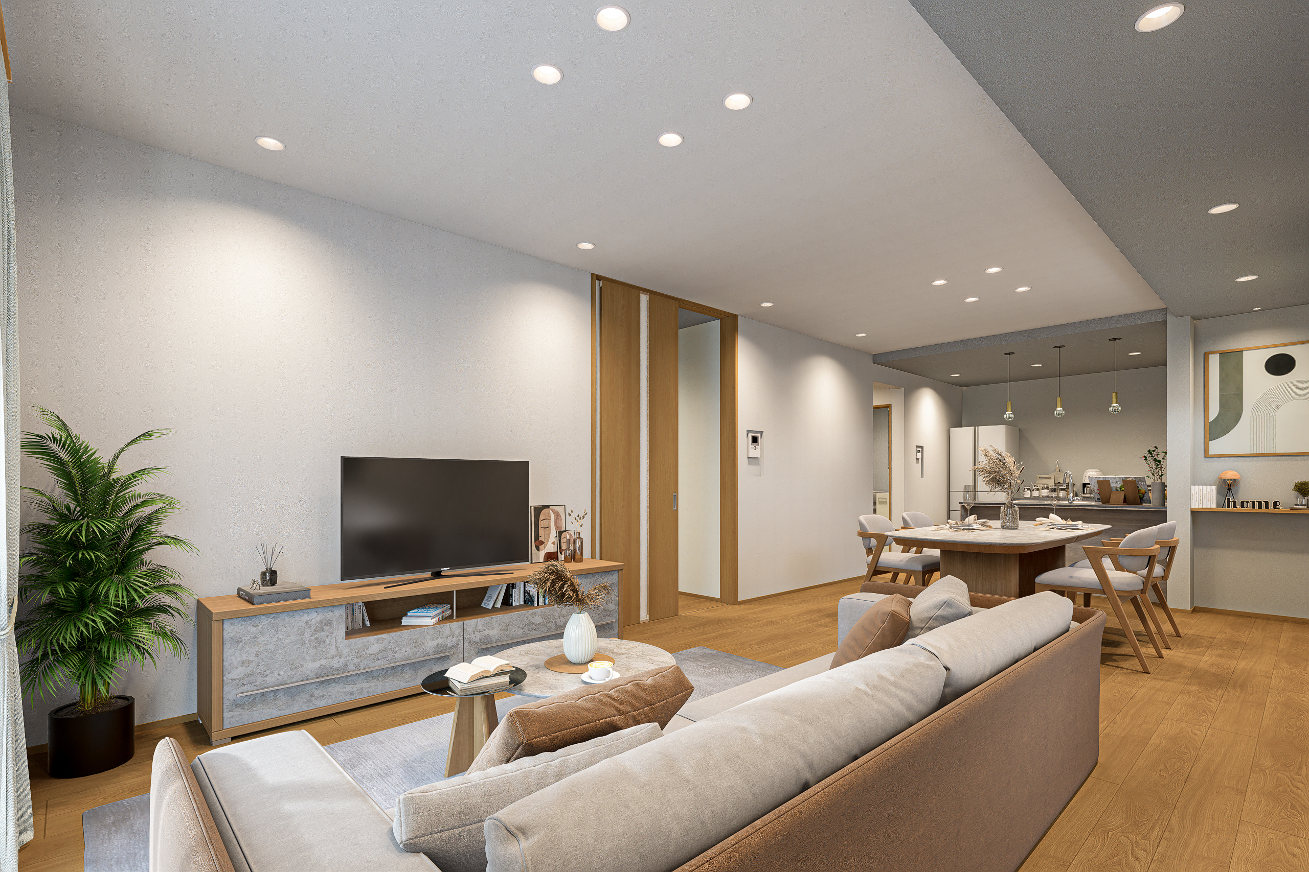 T-1/20.7帖の圧倒的な開放感と、足元から優しく包み込む床暖房の快適さ。ワンランク上の暮らしを叶えてくれます。