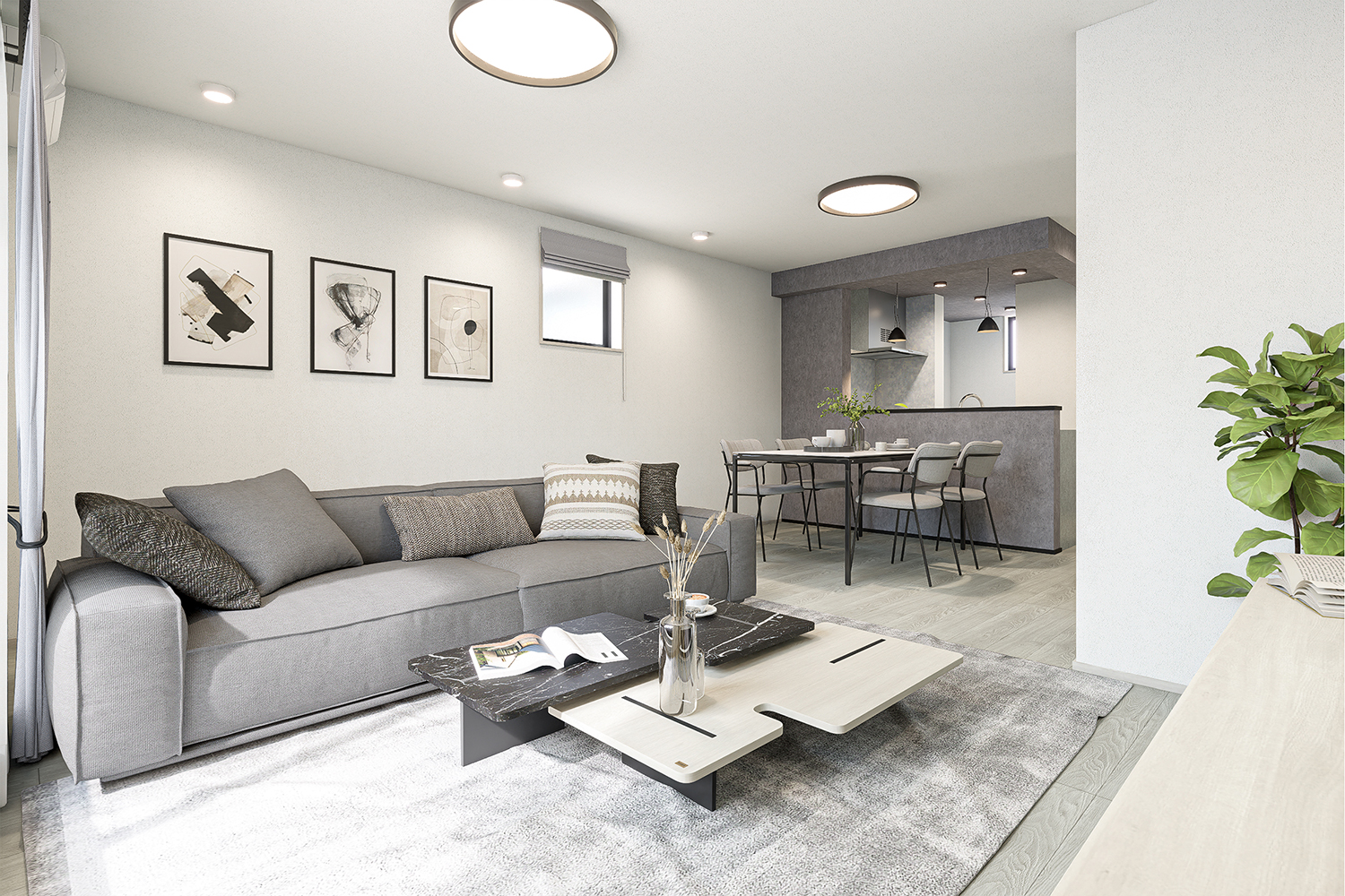 T-1/2階リビングを採用した、南向きで明るい18.7帖のLDK。グレイッシュモダンな洗練された空間です。