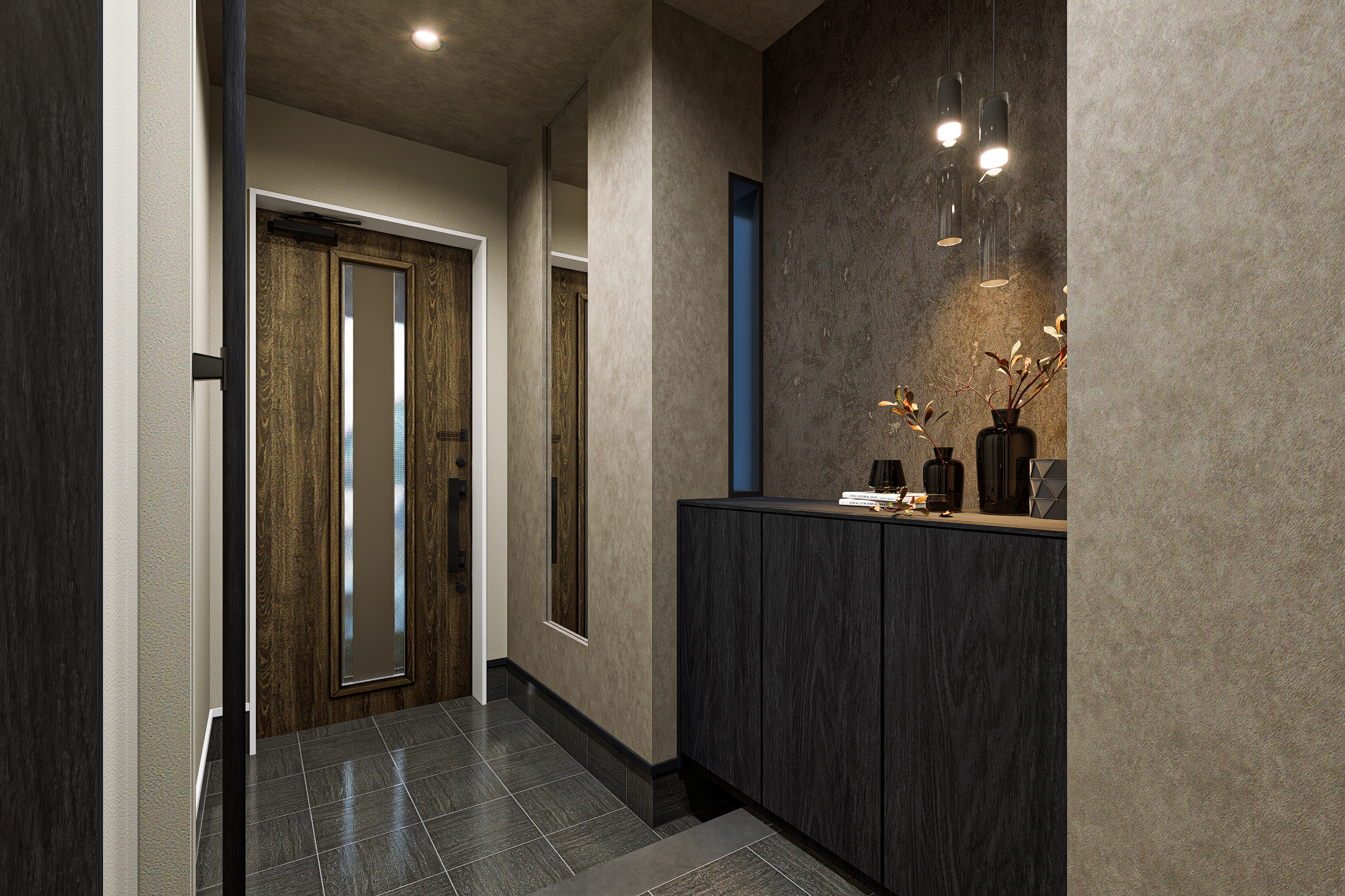 T-1／鏡面タイルや収納など細部にまでこだわり、玄関扉にはファミロック電気錠を搭載して防犯性もプラス。 ※イメージとなります