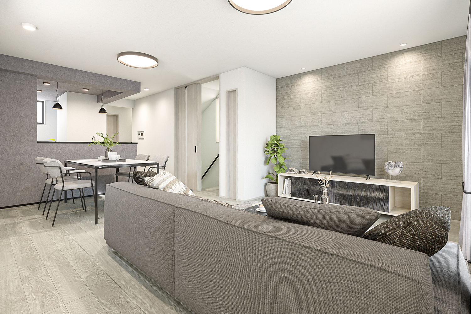 T-1/折下天井やアクセントクロス、照明にまでこだわり、デザイン性と居心地の良さを兼ね備えたLDK空間。