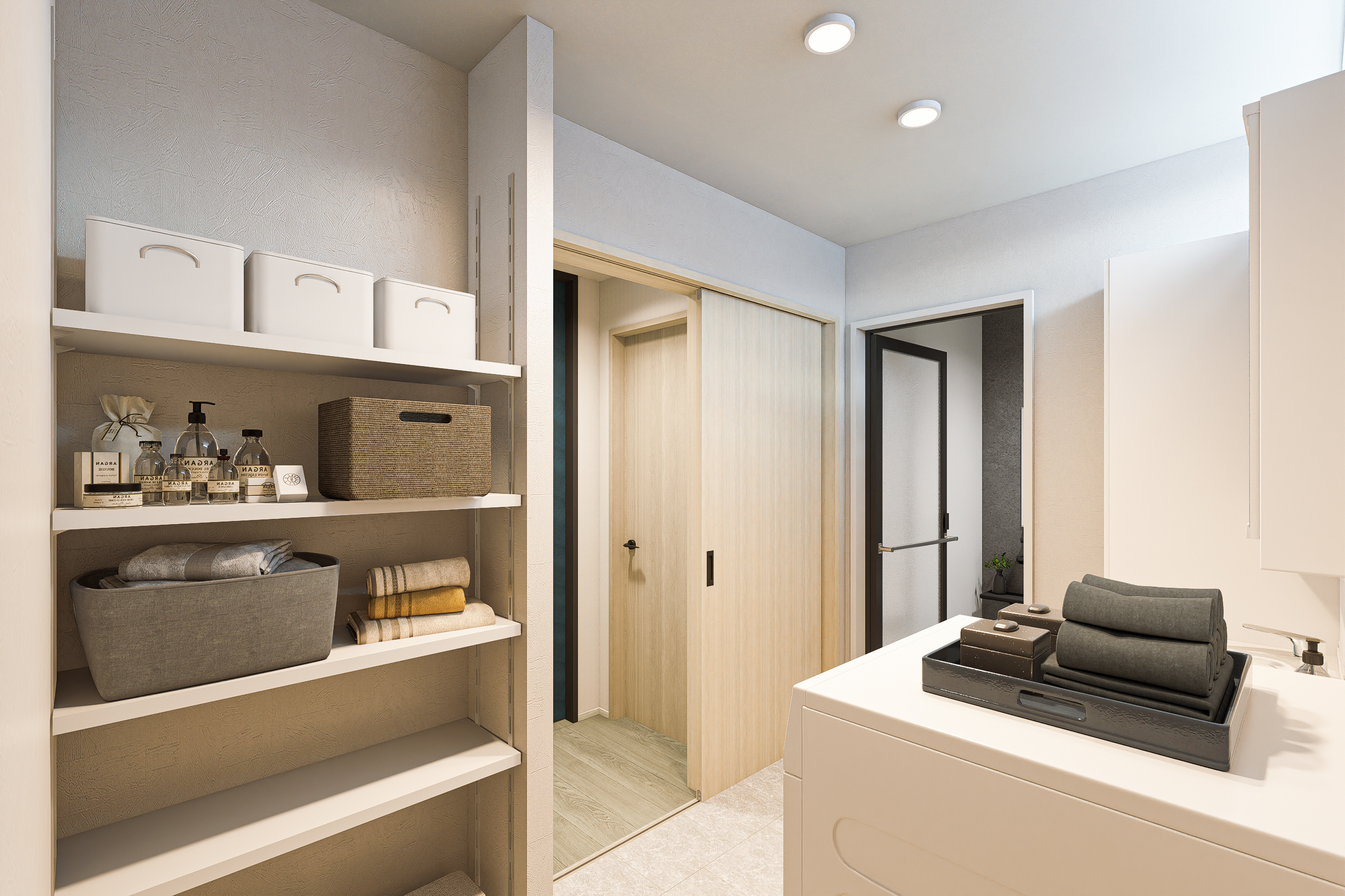 T-3/可動棚を備えた、ちょっと広めの洗面脱衣室が暮らしにゆとりをプラス。着替えもストック品も1箇所に集約可能。