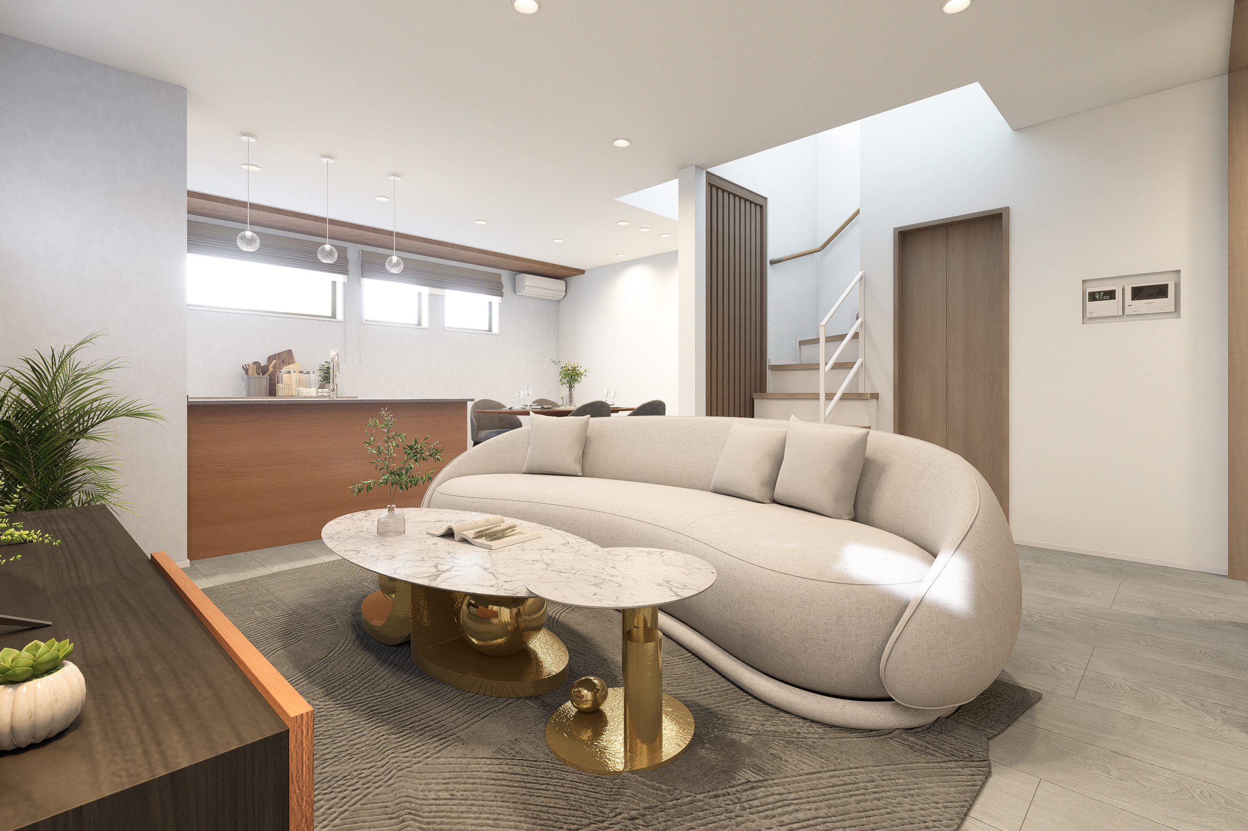 T-5／2階へ行くのに必ずリビングを通るため、お子様の様子をさりげなく見守れる安心感が暮らしに優しく寄り添います。